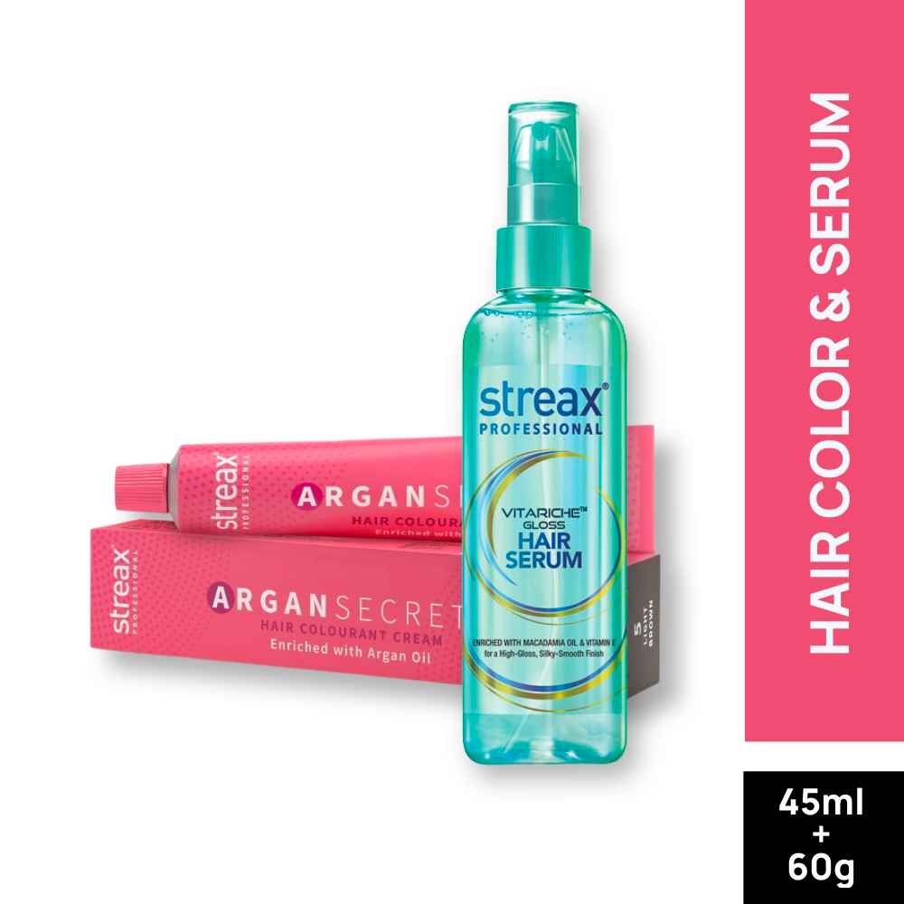 Buy Streax Professional Vitariche Gloss Hair Serum + Argan Secret Hair Colourant Cream - Light Brown 5 (45 ml + 60 g ) - Purplle