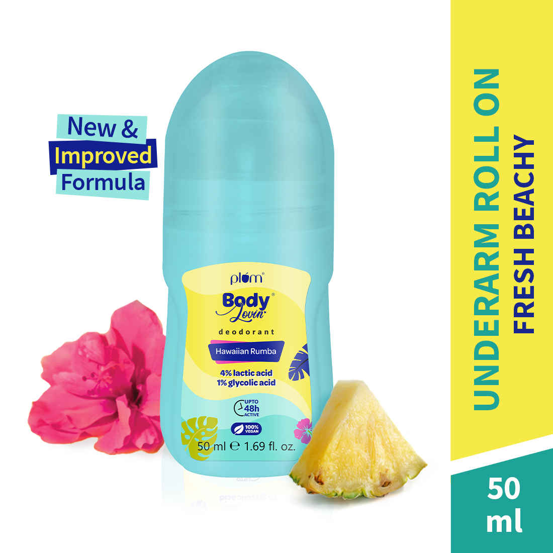 Buy Plum BodyLovin' Hawaiian Rumba Deodorant Roll On | 4% Lactic Acid & 1% Glycolic Acid | Controls Odor & Fades Underarm Darkness | 48 Hr Freshness | Fresh Beachy Fragrance | Aluminium-Free (50 ml) - Purplle