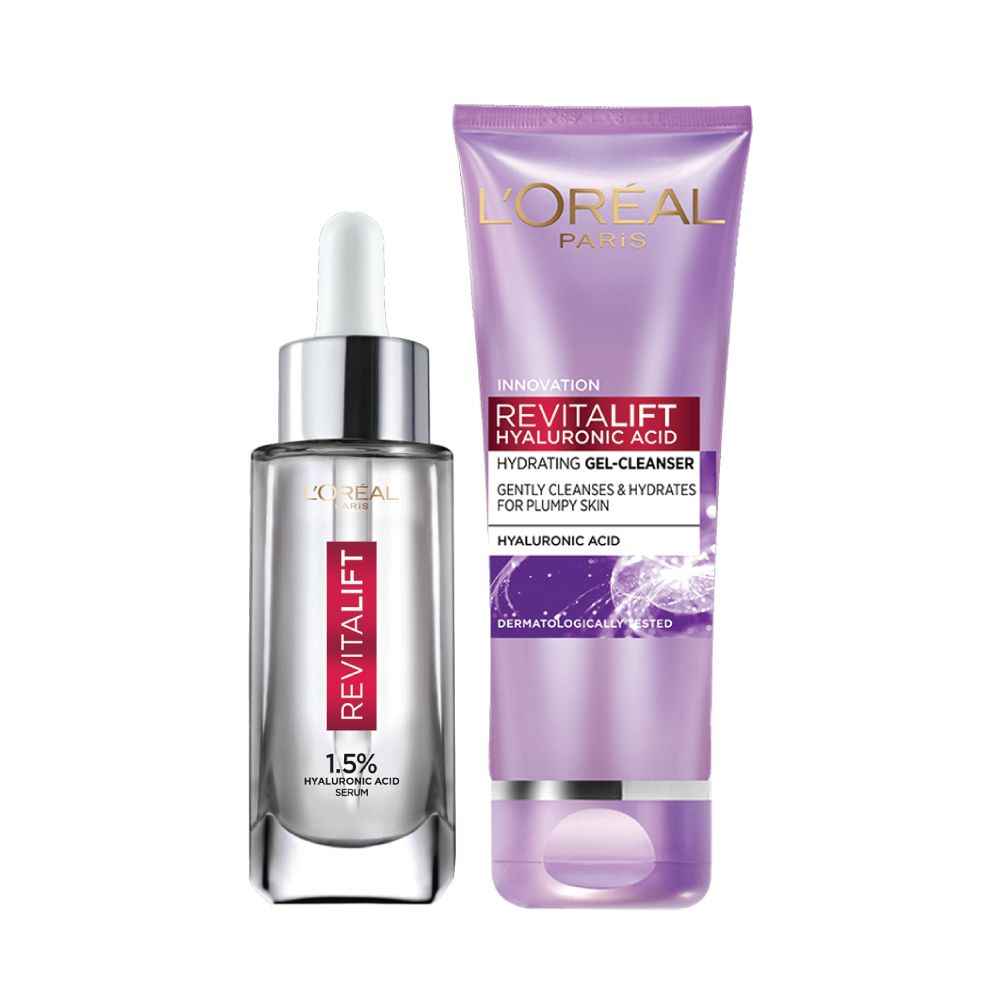 Buy L'Oreal Paris Revitalift Hyaluronic Acid Skincare Routine: Hyaluronic Acid Serum, 15ml + Hyaluronic Acid Hydrating Gel Cleanser, 50ml +A Hyaluronic Acid plumping cream day 15 ml,A HydratedA Skin Combo - Purplle