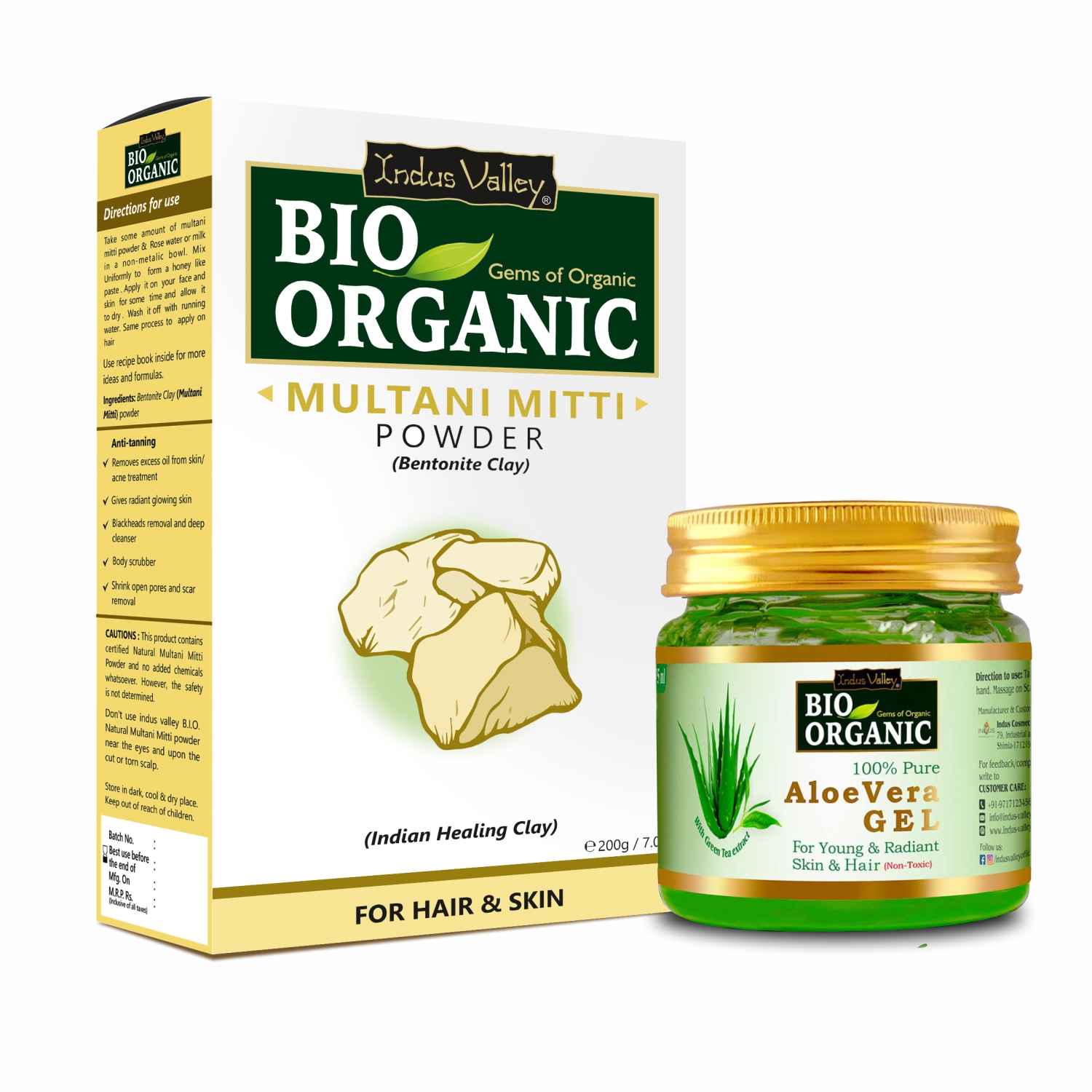 Buy Indus Valley Bio Organic Aloe Vera Gel and Multani Mitti Powder combo pack for Acne, Scars, Glowing & Radiant Skin Treatment (175ml + 200 gm) - Purplle