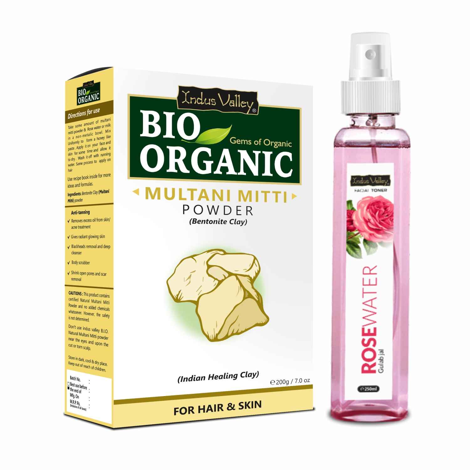 Buy Indus Valley Facial Toner Fresh Rose Water with Multani Mitti Powder combo pack For Face and Skin Care (250ml + 200 gm) - Purplle
