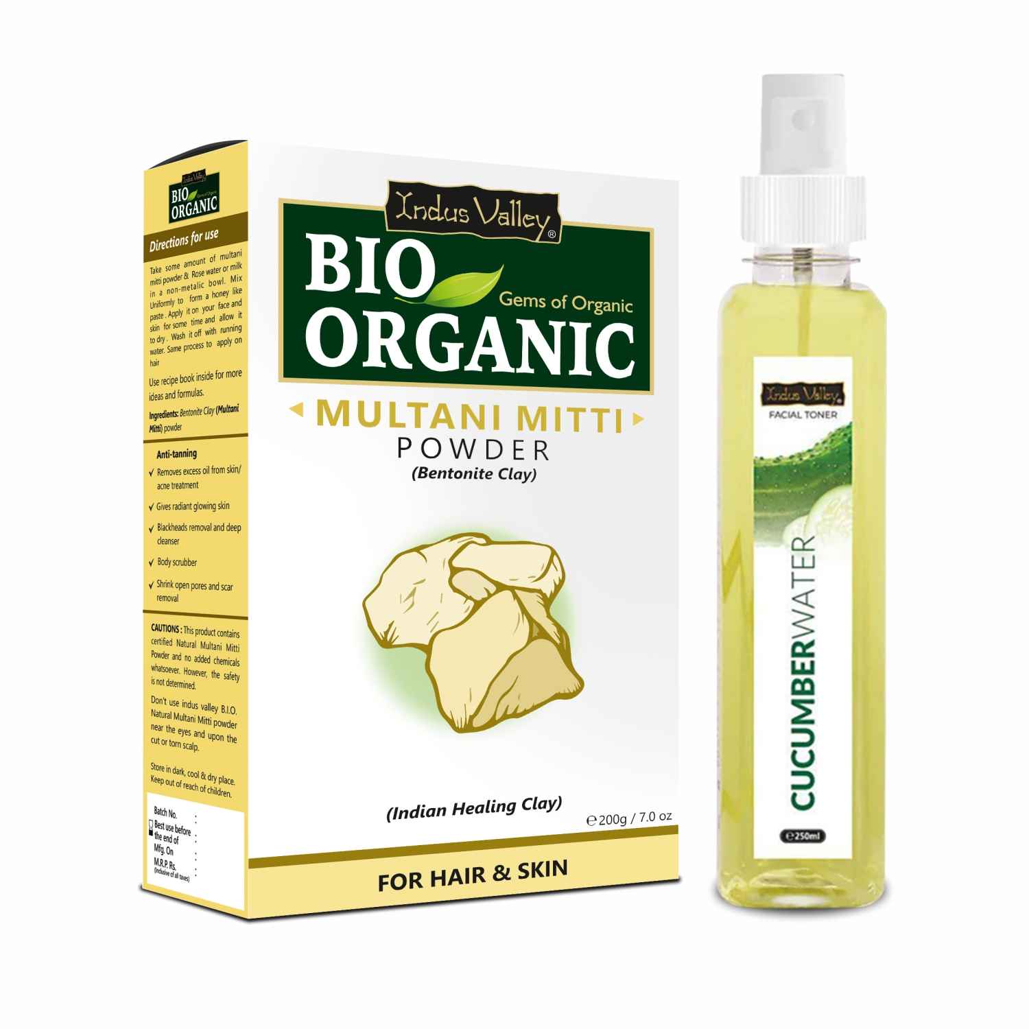 Buy Indus Valley Bio Organic Multani Mitti Powder & Aloevera Cucumber water Toner for skin & face care - (200g+250 ml) - Purplle