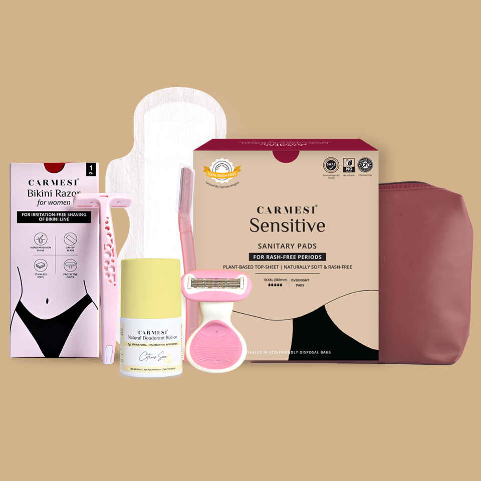 Buy Carmesi Menstrual Hygiene Day Combo | Rash-Free Pads, Facial Razor, Bikini Razor, Body Razor Mini, Natural Deodorant Roll-on | Free Travel Essentials Pouch Combo of 6 - Purplle