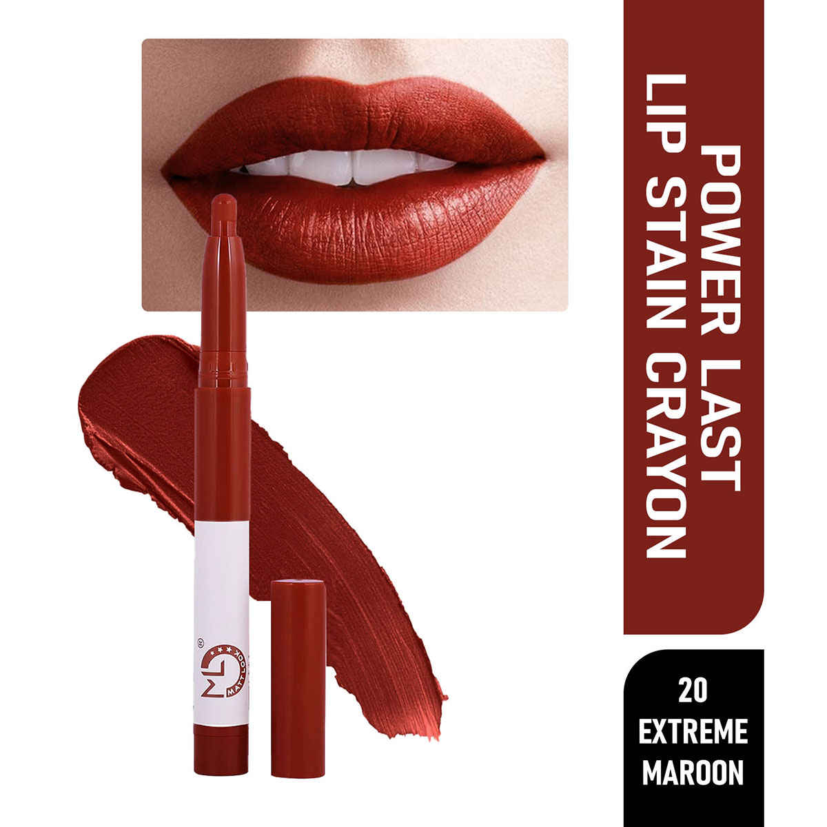 Buy Mattlook Power Last Lip Stain Crayon Lipstick with Built-in Sharpener Rotary Cut, Rich Creamy Matte Texture, Non Transfer & Long Lasting, Precision Applicator, Xtreme Maroon (1.3 gm) - Purplle