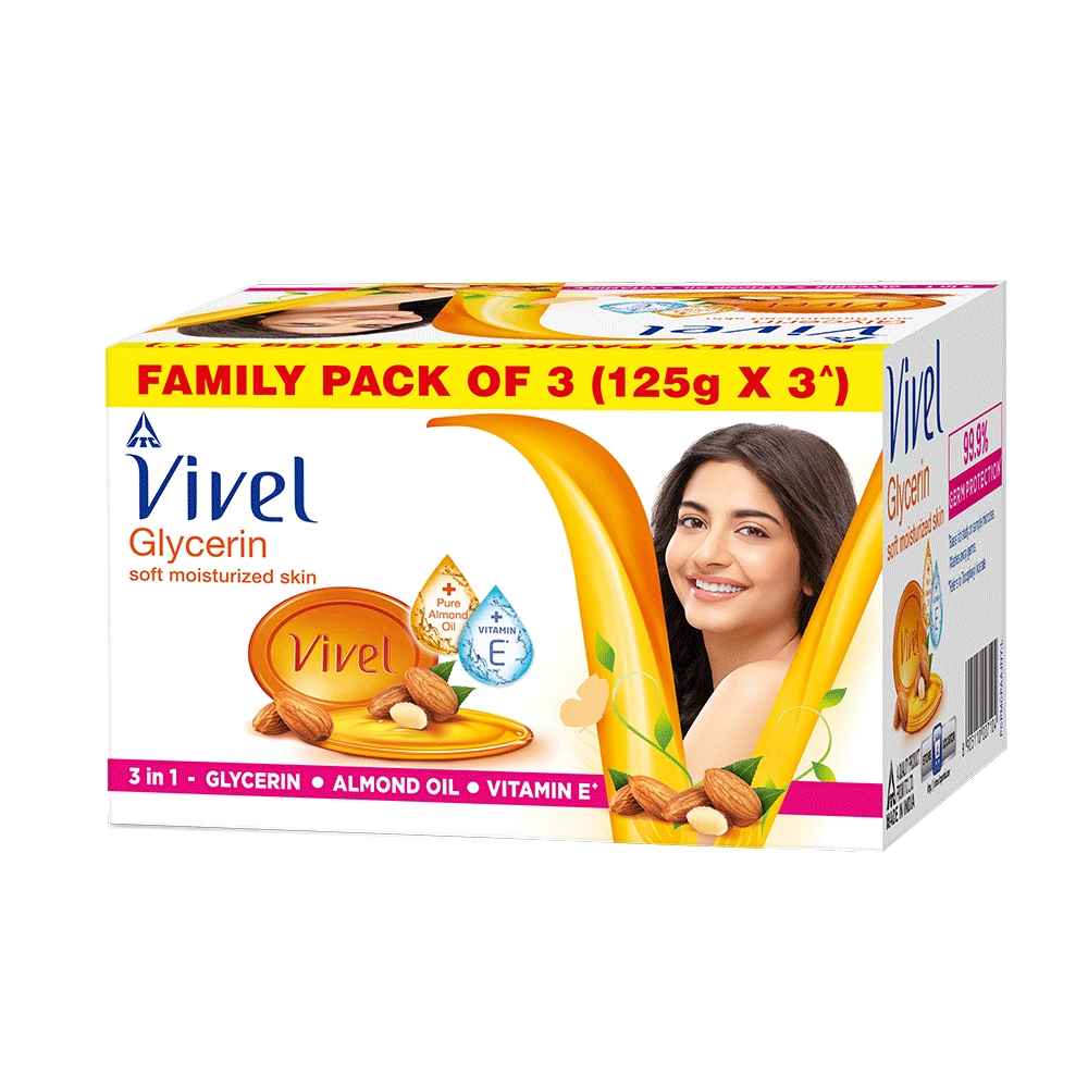 Buy Vivel Glycerin Bathing Bar Soap for Soft Moisturized Skin with Pure Almond Oil & Vitamin E, 375g (125g - Pack of 3), Soap for Women & Men - Purplle