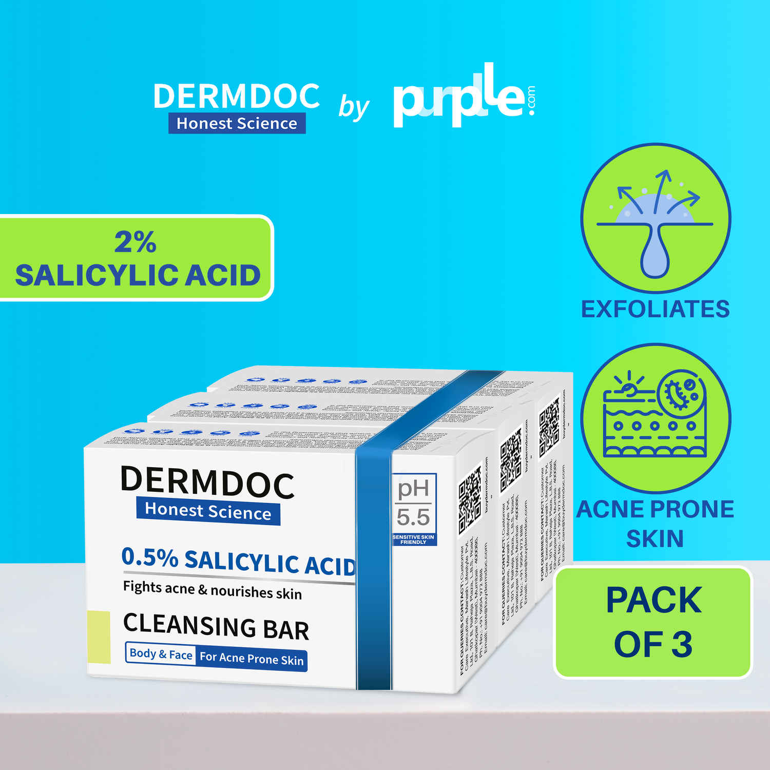 Buy DERMDOC Combo Kit Salicylic Acid Cleansing Bar (Pack of 3) | gentle deep cleansing bar | oil control, acne prone skin | salicylic acid for back & body acne - Purplle