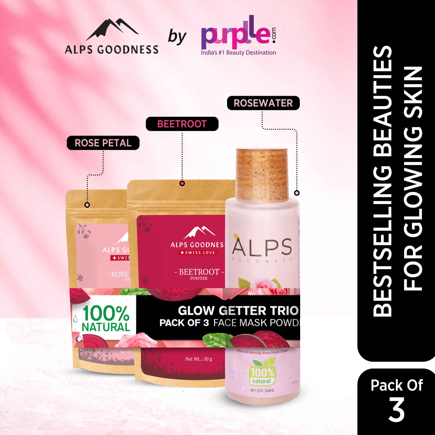 Buy Alps Goodness Glow Getter Trio | Beetroot powder + Rose Petal Powder + Rose water | 100% Natural | No Chemicals, No Preservatives, No Pesticides | Combo for Glowing Skin - Purplle