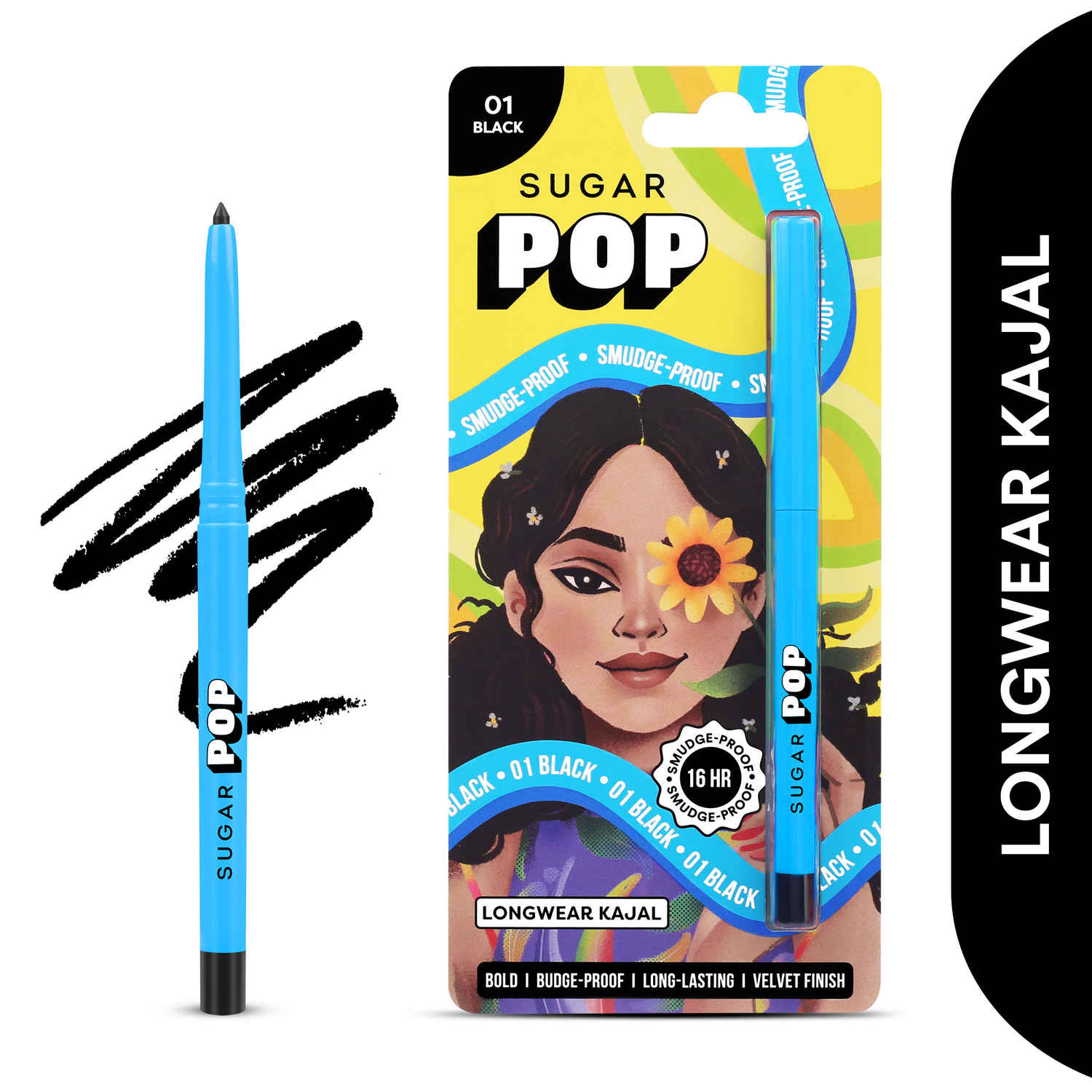Buy SUGAR POP Longwear Kajal Matte Finish, Intense Dark Kohl Kajal, Smudge Proof Pencil, Water Proof, Single Stroke Velvet Finish Lasts Up To 16Hrs - 01 Black - Pack of 1 - Purplle