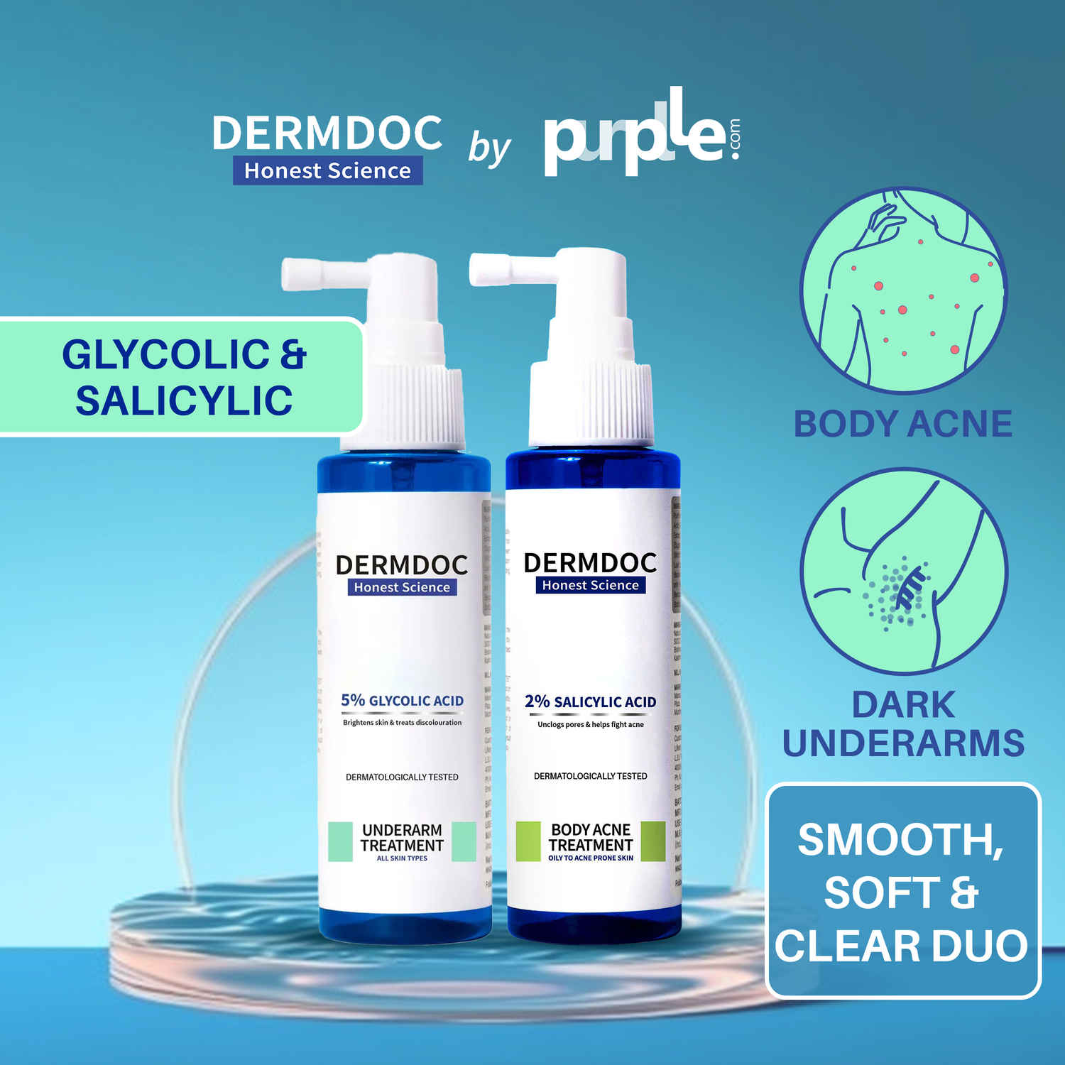 Buy DERMDOC Combo Kit for Smooth & Clear Skin | 5% Glycolic Acid Under Arm Treatment Spray (100 ml) | 2% Salicylic Acid Body Acne Treatment Spray (100 ml) | body & back acne treatment, dark underarms, dark patches - Purplle