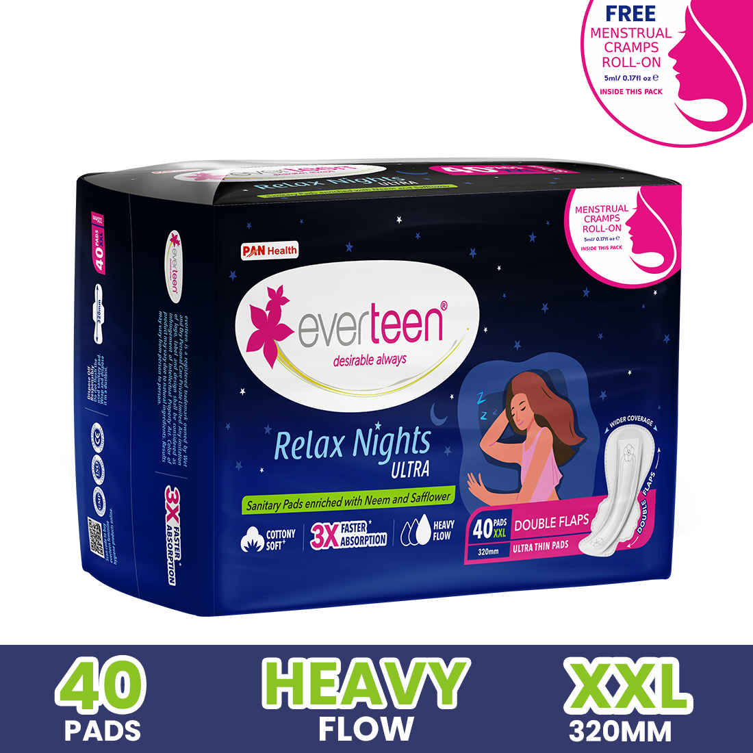Buy everteen XXL Relax Nights Ultra Thin 40 Sanitary Pads with Neem and Safflower, Menstrual Cramps Roll-On Inside Pack - 1 Pack (40 Pads, 320mm) - Purplle