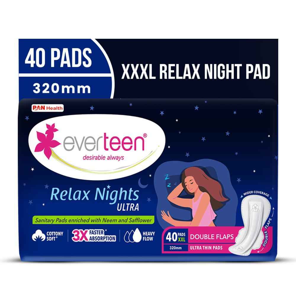 Buy everteen XXL Relax Nights Ultra Thin 40 Sanitary Pads with Neem and Safflower, Menstrual Cramps Roll-On Inside Pack - 1 Pack (40 Pads, 320mm) - Purplle