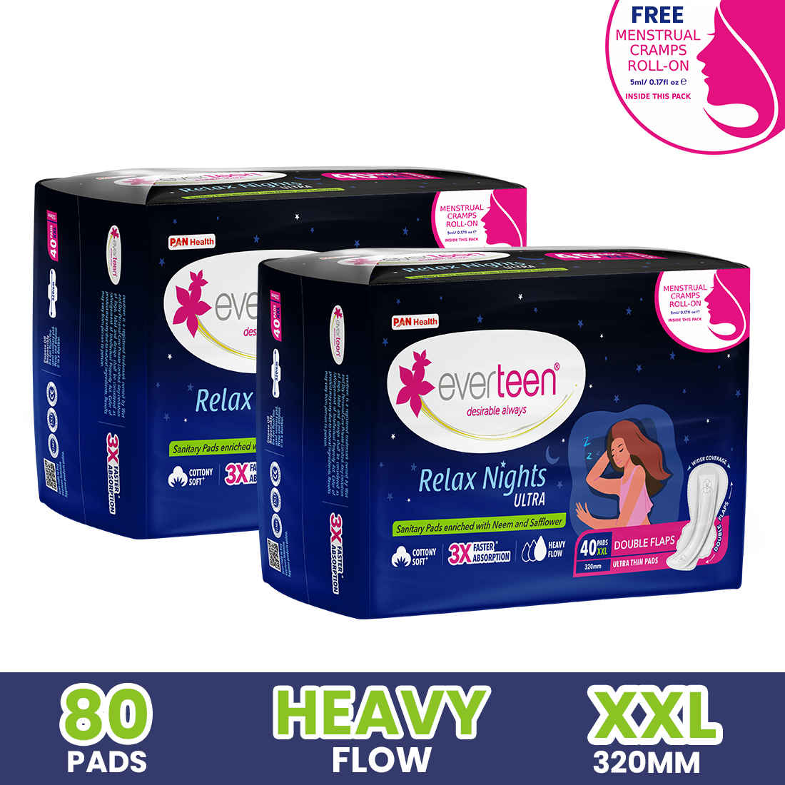 Buy everteen XXL Relax Nights Ultra Thin 40 Sanitary Pads with Neem and Safflower, Menstrual Cramps Roll-On Inside Pack - 2 Packs (40 Pads Each, 320mm) - Purplle