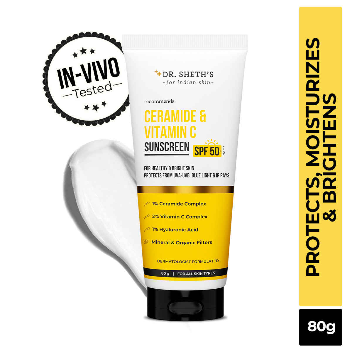 Buy Dr. Sheth's Ceramide & Vitamin C Sunscreen SPF 50+ PA++++ |In-Vivo Tested | For Healthy & Bright Skin | Lightweight & Non Greasy | For UVA/UVB & Blue Light & IR Protection | No white cast | For All Skin Types | For Men & Women | 80 gm - Purplle