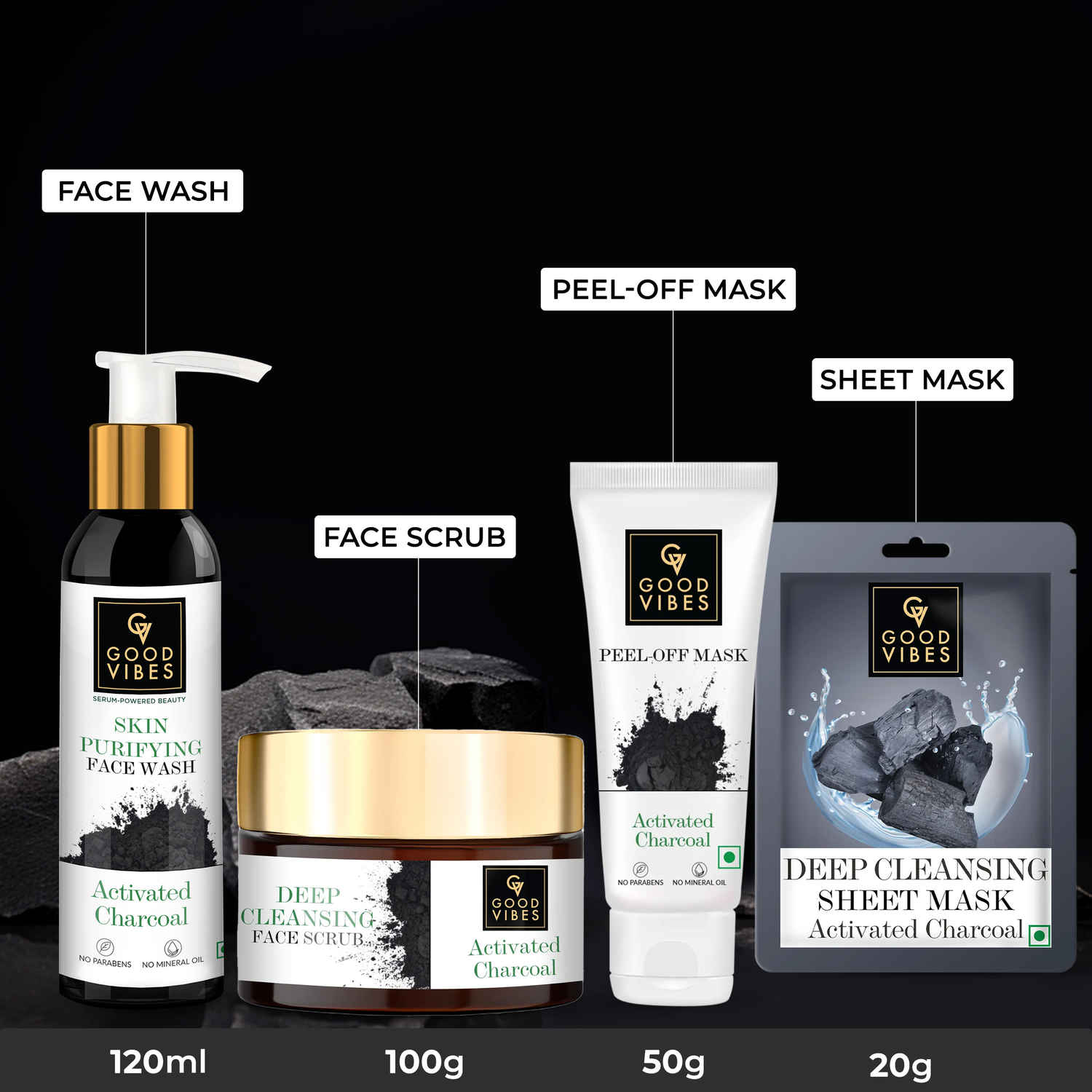 Buy Good Vibes Deep Cleansing Activated Charcoal Combo (Facewash, Scrub, Sheet mask, Peel off mask) - Purplle