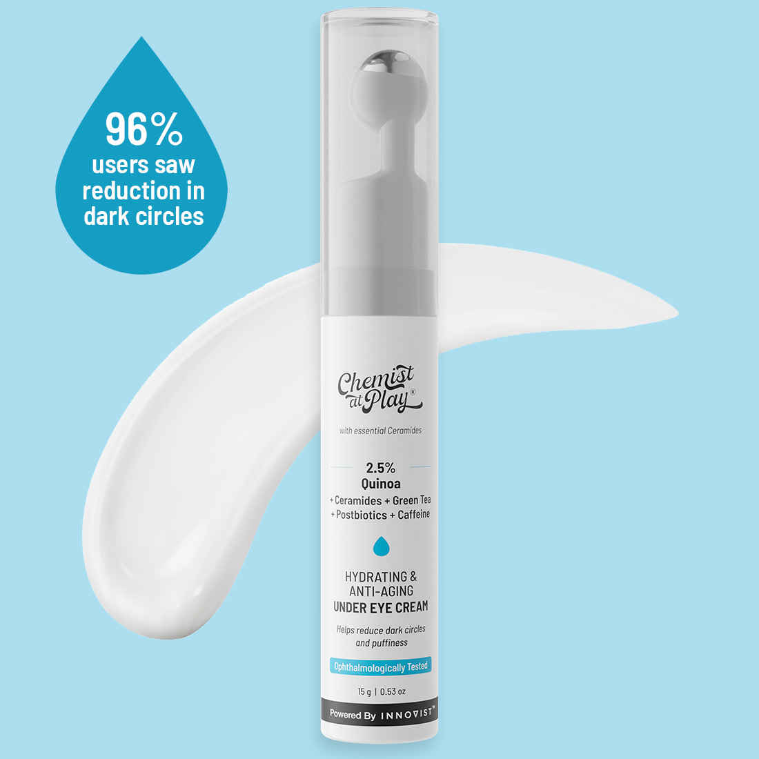 Buy Chemist At Play Under Eye Cream withA 2.5%A A Quinoa Ceramides + Green Tea +Popstbiotics+ caffeineA Extract | For Dark Circles, Puffiness, Wrinkles, Crows Feet | Lightweight, Hydrating | Plant-based Ceramides, 100% Vegan | 15 gm - Purplle