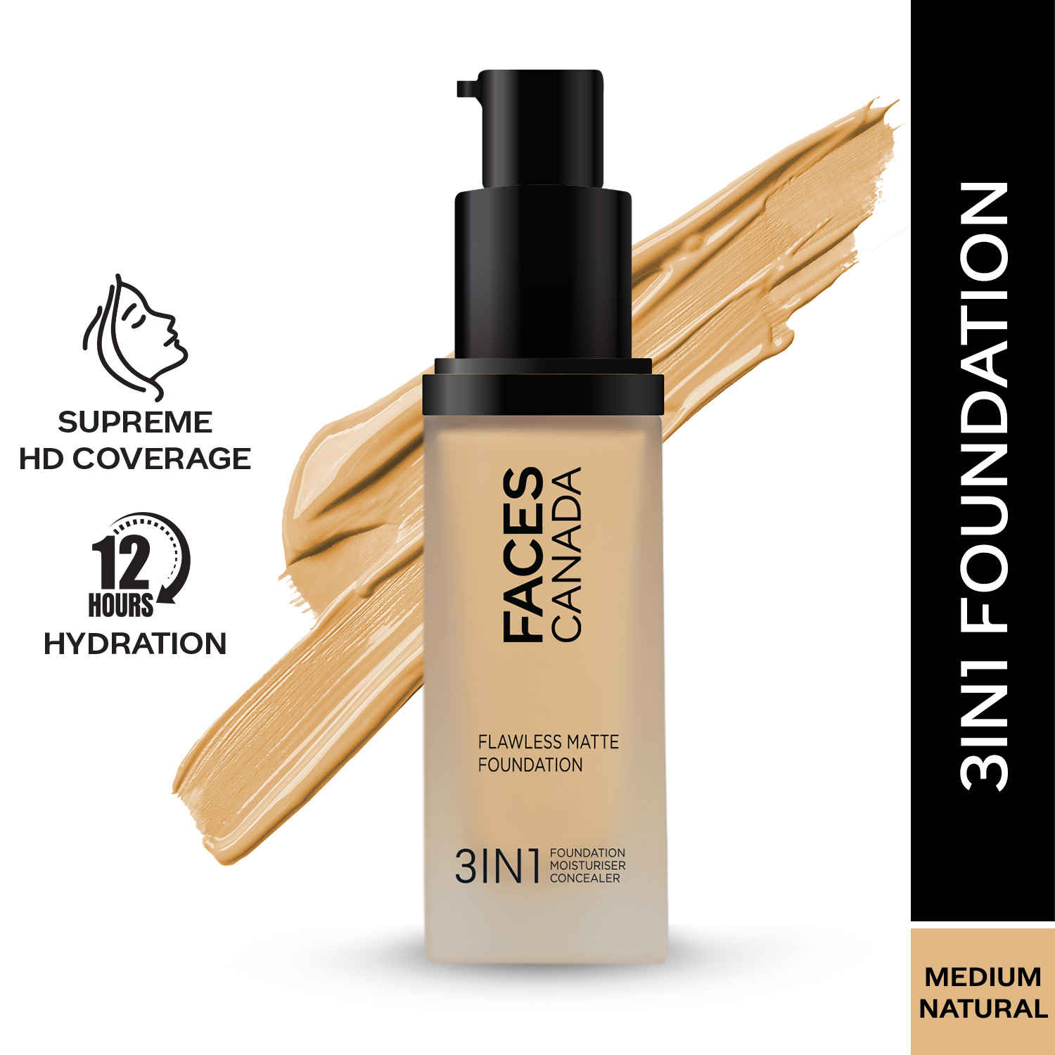 Buy FACES CANADA Flawless Matte Foundation - Medium Natural 022, 30 ml | 3-in-1 Foundation + Moisturizer + Concealer | 12 HR Hydration + SPF 18 | Full HD Matte Coverage | Lightweight | Anti Ageing - Purplle