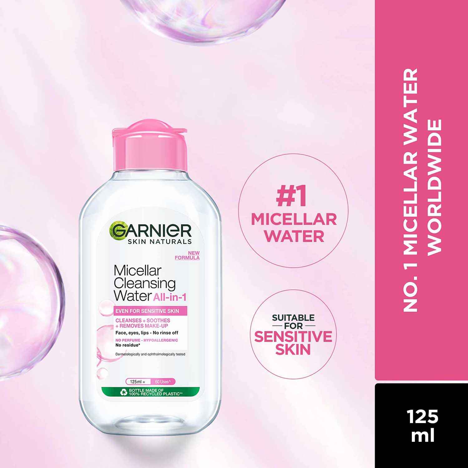 Buy Garnier Micellar Cleansing Water - Gentle Cleanser & Make Up Remover For Everyday Use - Suitable For Sensitive Skin, Dermatologically Tested, Vegan, For Men & Women, Remove 100% Dirt, Pollution, 125 ml - Purplle