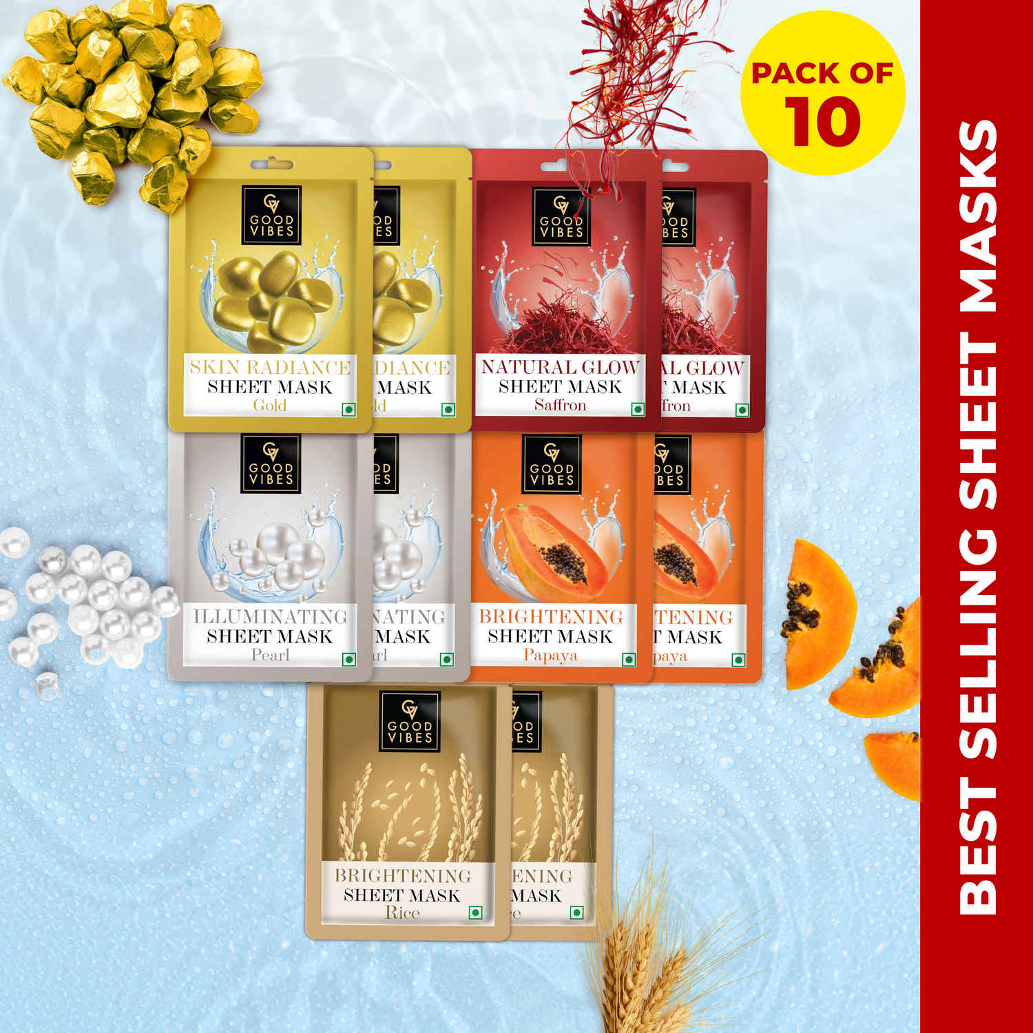 Buy Good Vibes Natural Glow Sheet Mask Pack of 10 (2 each Saffron Glow + Illuminating Pearl + Skin Radiance Gold + Rice Brightenting + Hydrating Papaya) (20g x 10) - Purplle