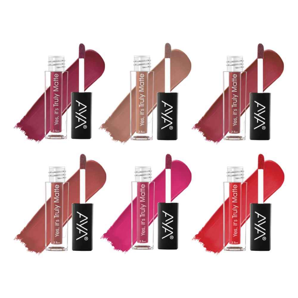 Buy AYA Yes It's Truly Matte Liquid Lipstick,Set of 6, 07 to 12, 2.5 ml*6 | Long Lasting | Waterproof | Kiss Proof | Enriched with Jojoba Oil, Shea Butter, Almond Oil, Vitamin E, SPF - Purplle
