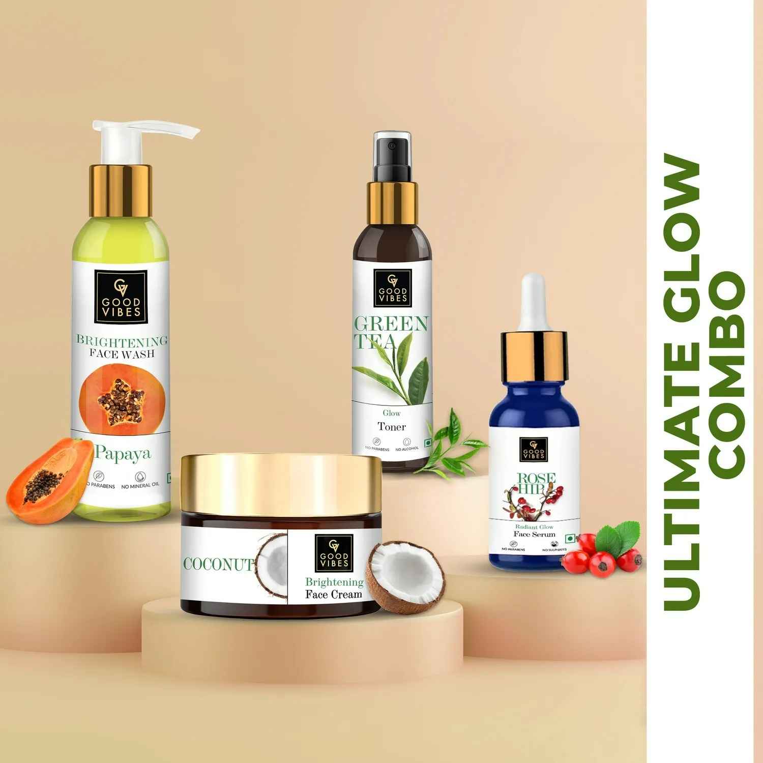 Buy Good Vibes Ultimate Glow Combo Kit (Papaya Face Wash (200ml), Rosehip Serum (10ml), Green Tea Toner (200ml), Coconut Cream (50g) - Purplle