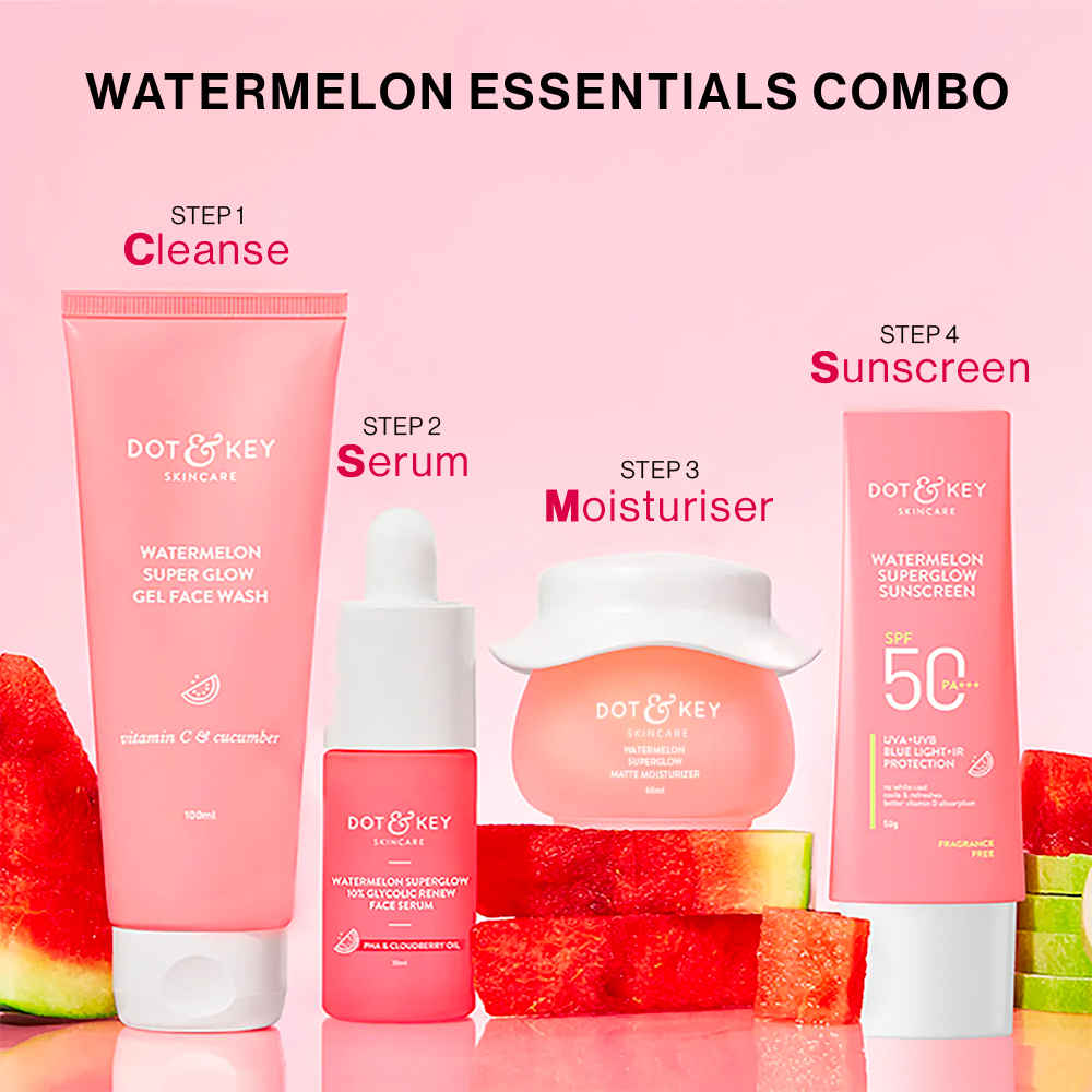 Buy Dot & Key Watermelon Essentials CSMS Combo: Face Wash (100 ml) + Serum(20 ml) + Moisturizer (60 ml) + Sunscreen (50 gm) - Purplle