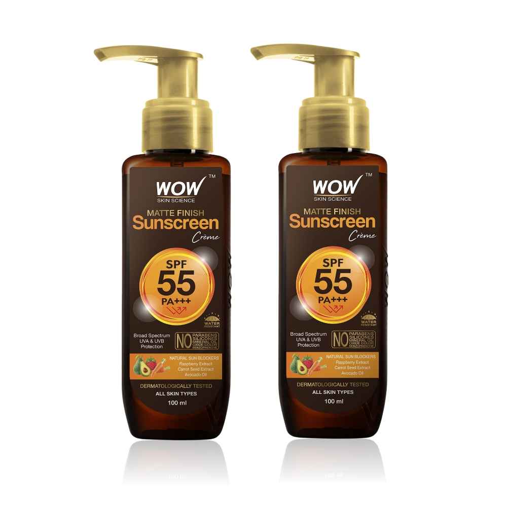 Buy WOW Skin Science Sunscreen Matte Finish - SPF 55 PA+++ - Very High Broad Spectrum - UVA &UVB Protection - Quick Absorb - No Parabens, Silicones, Mineral Oil, Oxide, Color & Benzophenone - 100mL (Pack of 2) - Purplle