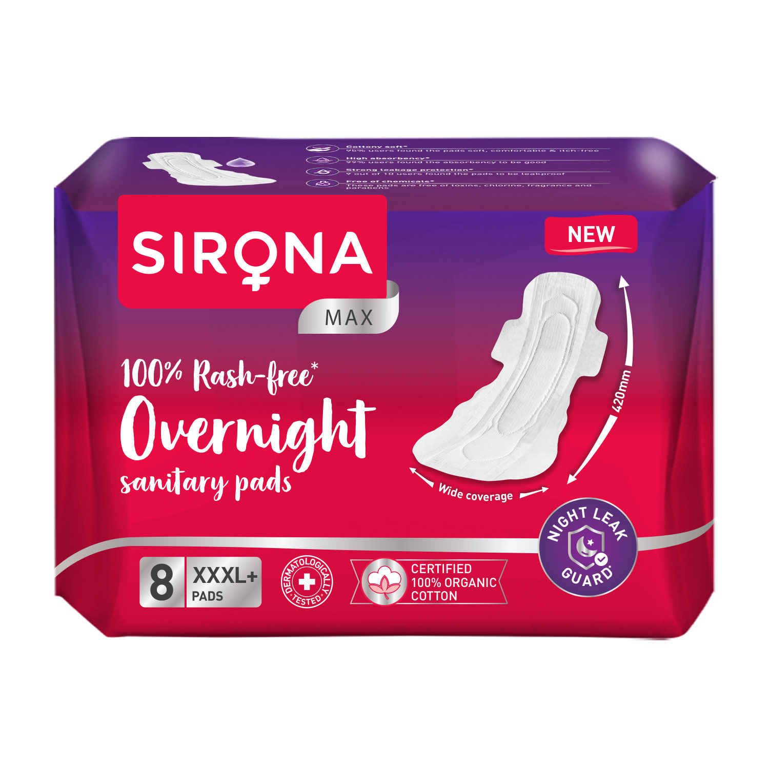 Buy Sirona Max Overnight Sanitary Pads, 100% Rash Free | 8 Thick XXXL+ Pad for Women | Upto 0% Leaks | Suitable for Heavy Flow | GOTS Certified Organic Cotton Sanitary Pad - Purplle