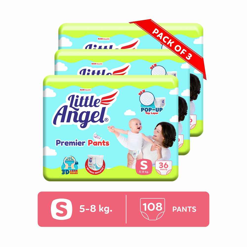 Buy Little Angel Premier Pants Baby Diapers, Small (S) Size, 108 Count, Combo Pack of 3, 36 Count/pack with Wetness Indicator, 5-8 Kg - Purplle