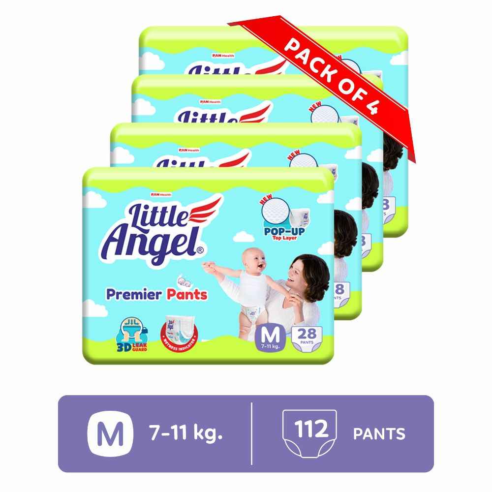 Buy Little Angel Premier Pants Baby Diapers, Medium (M) Size, 112 Count, Combo Pack of 4, 28 Count/pack with Wetness Indicator, 7-11 Kg - Purplle