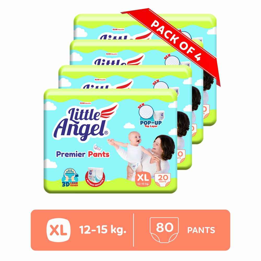 Buy Little Angel Premier Pants Baby Diapers, Extra Large (XL) Size, 80 Count, Combo Pack of 4, 20 Count/pack with Wetness Indicator, 12-15 Kg - Purplle