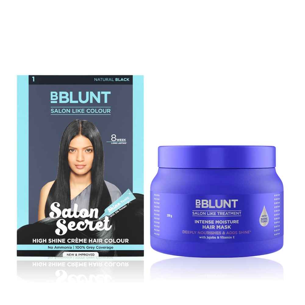 Buy BBlunt Salon Secret High Shine Creme Hair Colour - Natural Black (152 ml) + Intense Moisture Hair Mask with Jojoba Oil & Vitamin E for Nourished & Shiny Hair - 250 g - Purplle