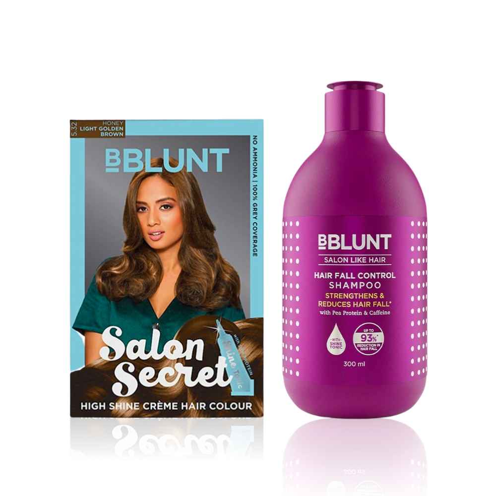 Buy BBLUNT Salon Secret High Shine Creme Hair Colour Light Golden Brown 5.32 (100 gm) With Shine Tonic (8 ml)+BBLUNT Hair Fall Control Shampoo with Pea Protein & Caffeine for Stronger Hair (300 ml) - Purplle