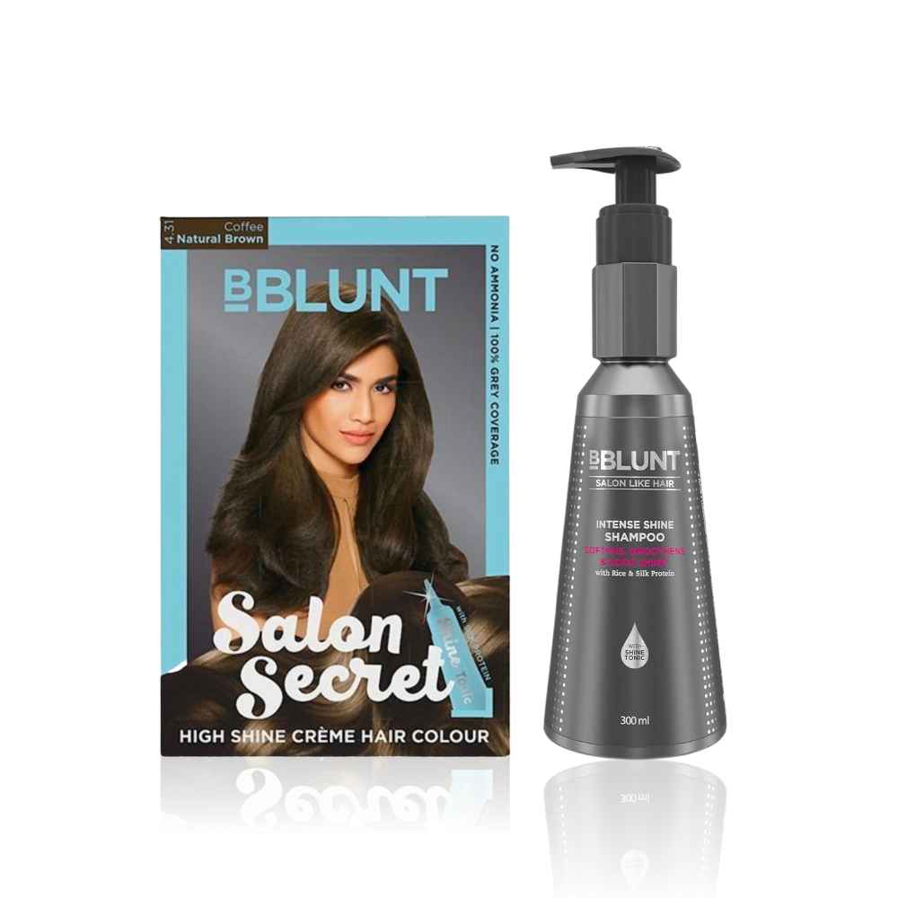Buy BBLUNT Salon Secret High Shine Creme Hair Colour Coffee Natural Brown 4.31 ( 100 g+8 ml)+BBLUNT Intense Shine Shampoo with Rice & Silk Protein for 23X* Shinier Hair - 300 ml - Purplle