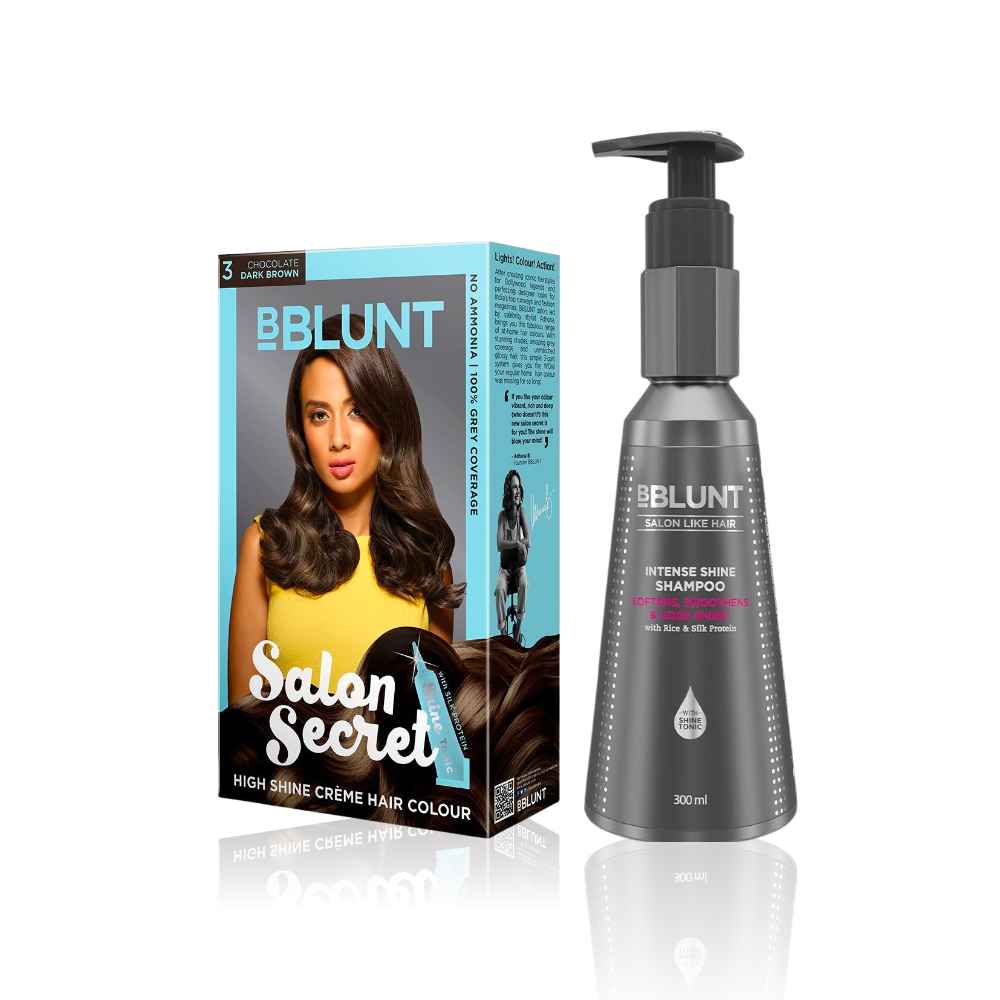 Buy BBLUNT Salon Secret High Shine Creme Hair Colour - Chocolate Dark Brown 3. No Ammonia  ( 100 g+8ml)+BBLUNT Hair Fall Control Shampoo with Pea Protein & Caffeine for Stronger Hair (300 ml) - Purplle