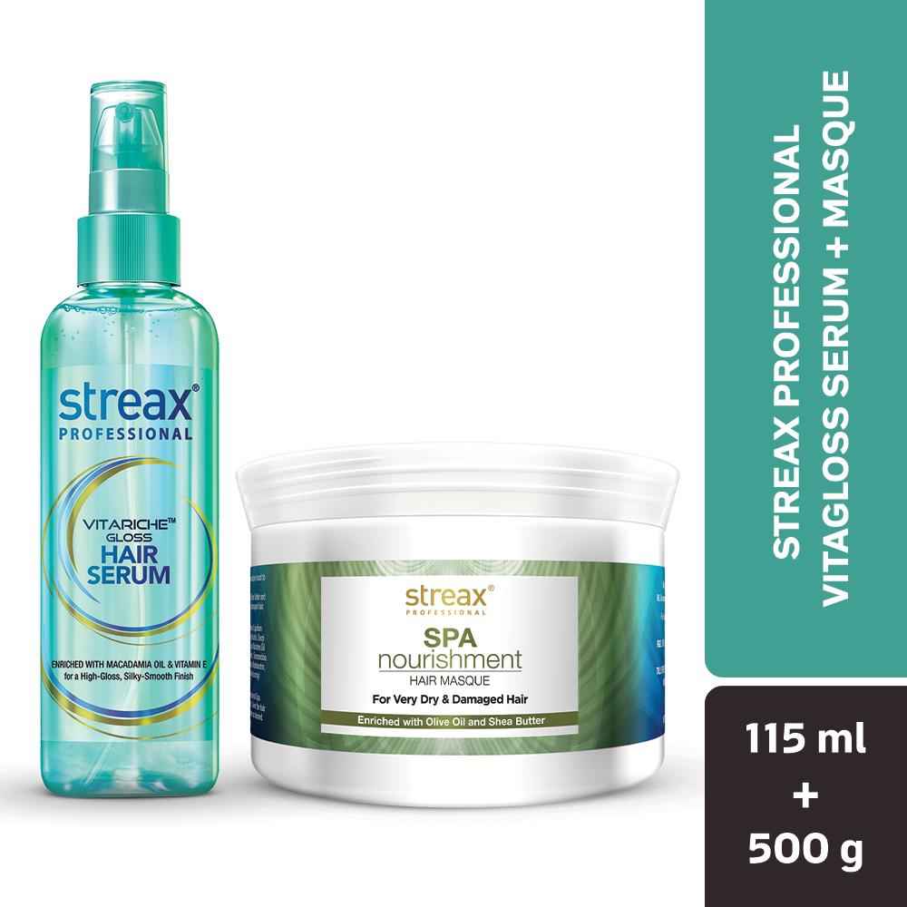Buy Streax Professional Vitariche Gloss Hair Serum 115 ml + Streax Professional Spa Nourishment Hair Masque 500gm - Purplle