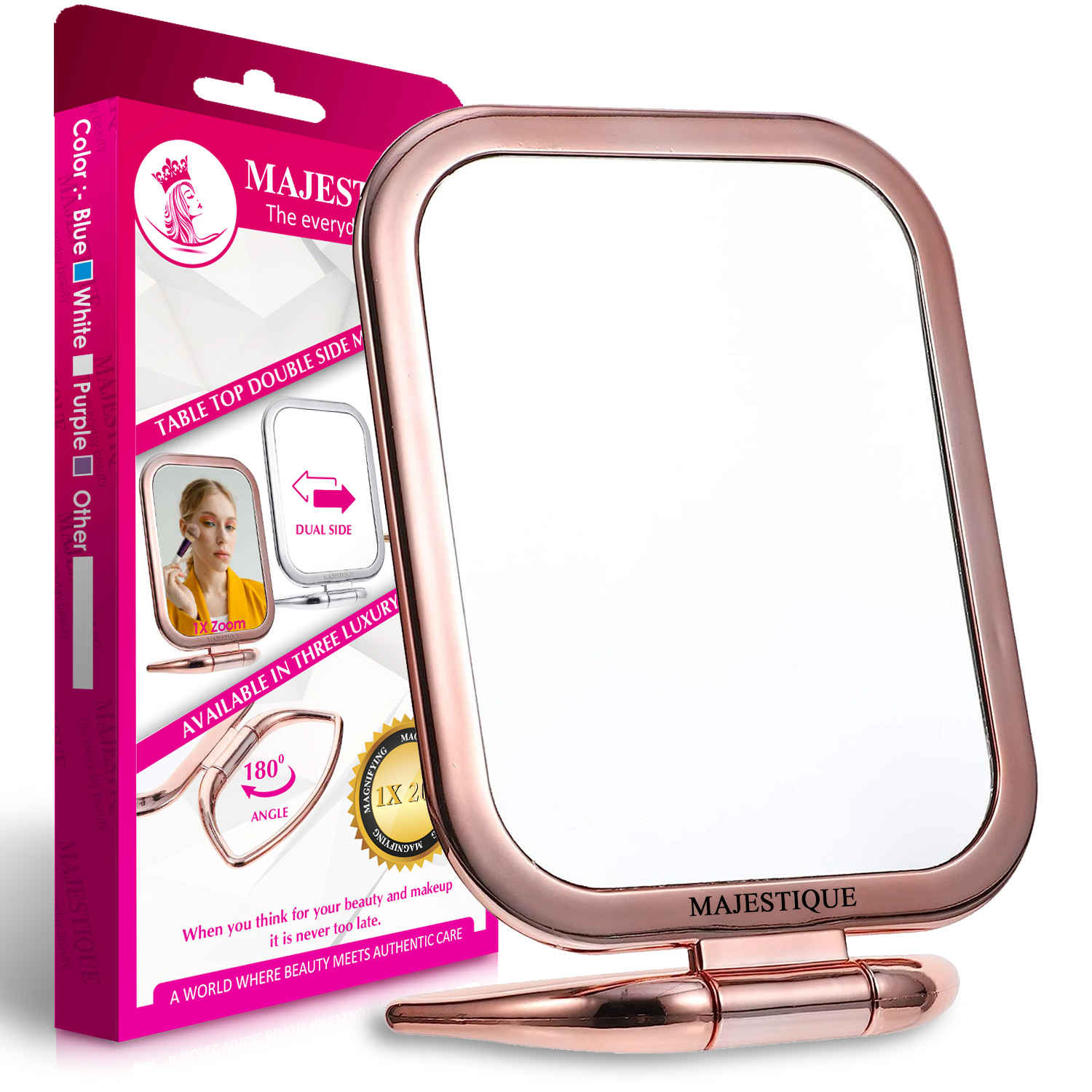 Buy Majestique Table Top Double Side Makeup Mirror, 1X/20X Square Magnifying Mirror, 180 Degree Stand - Multicolor - 1 Pc - Purplle