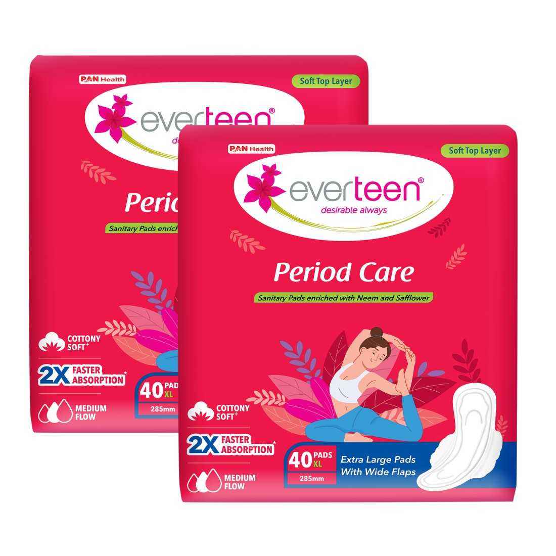 Buy everteen Period Care XL Soft 40 Sanitary Pads Enriched with Neem and Safflower For Medium Flow - 2 Packs (40 Pads Each) - Purplle