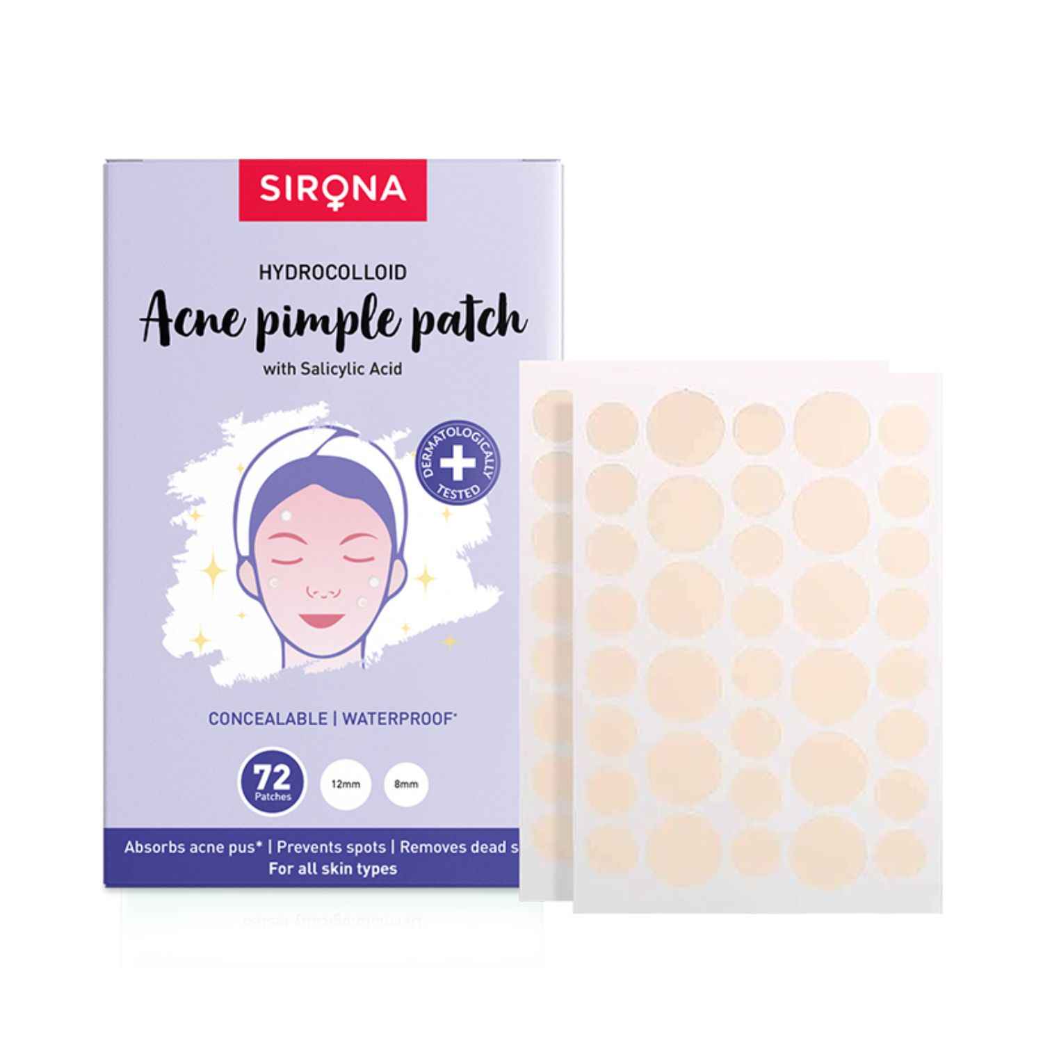 Buy Sirona Acne Pimple Patch For Face (72 patches) | 2 sizes | Invisible, Concealable, Waterproof Patches | Hydrocolloid & Salycylic Acid | Absorbs Acne Pus | Flattens Pimple | For All Skin Types - Purplle