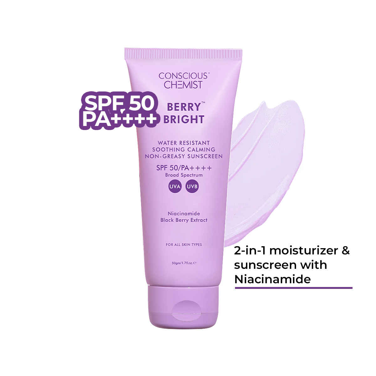 Buy Conscious Chemist Berry Bright Sunscreen|SPF 50 PA ++++|UVA/UVB Protection|Radiance Boost, Non-Greasy|Niacinamide & Berry Extracts- 50 gm - Purplle