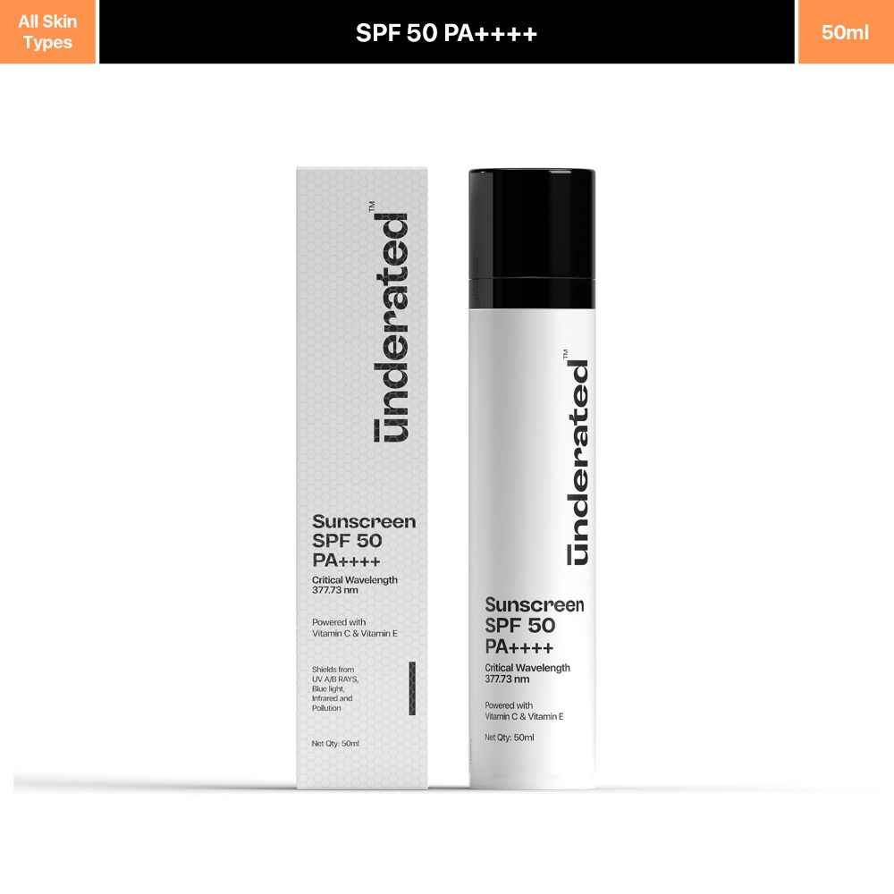 Buy Underated Sunscreen SPF 50 PA++++ Powered With Vitamin C & Vitamin E For Broad Spectrum UV A, UV B & Blue Light Protection | No White Cast, Silicone Free, Non-Greasy Formula, Non-Comedogenic | 50 gm - Purplle