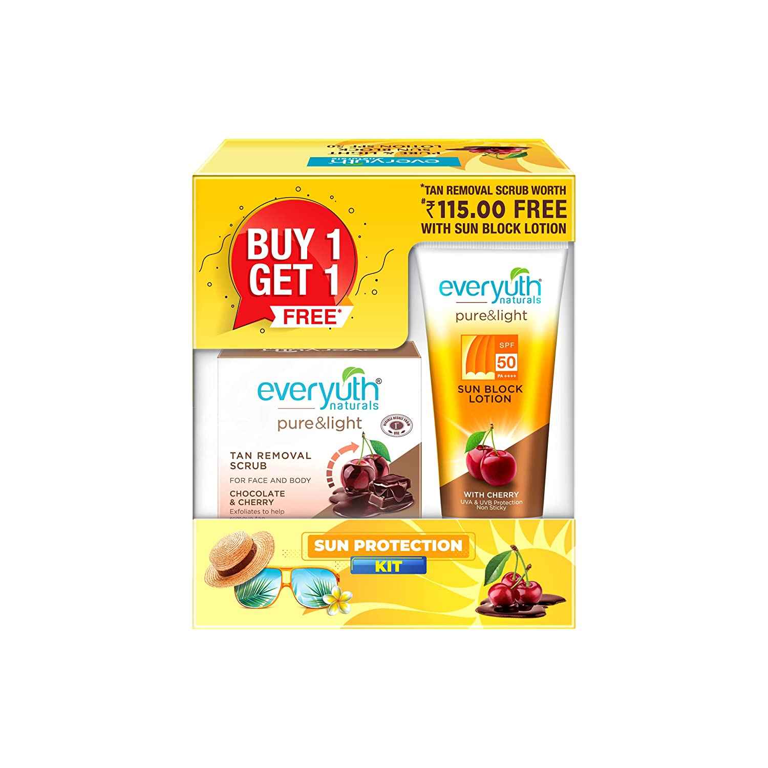 Buy Everyuth Naturals Pure & Light SPF 50 Sun Block Lotion +A Tan remover ScrubA 50 gm Free Combo - Purplle
