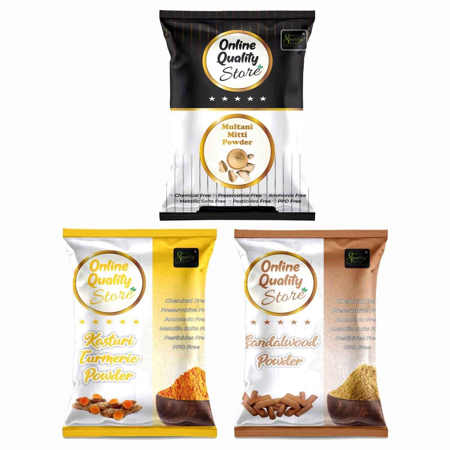 Buy Online Quality Store Chandan Powder Original_100 gm+ Kasturi Turmeric Powder For Face Pack_100 gm + Multani Mitti Powder_100 gm |Multani Mud Mitti|Sandalwood Powder{chan100_haldi100_miti100} - Purplle