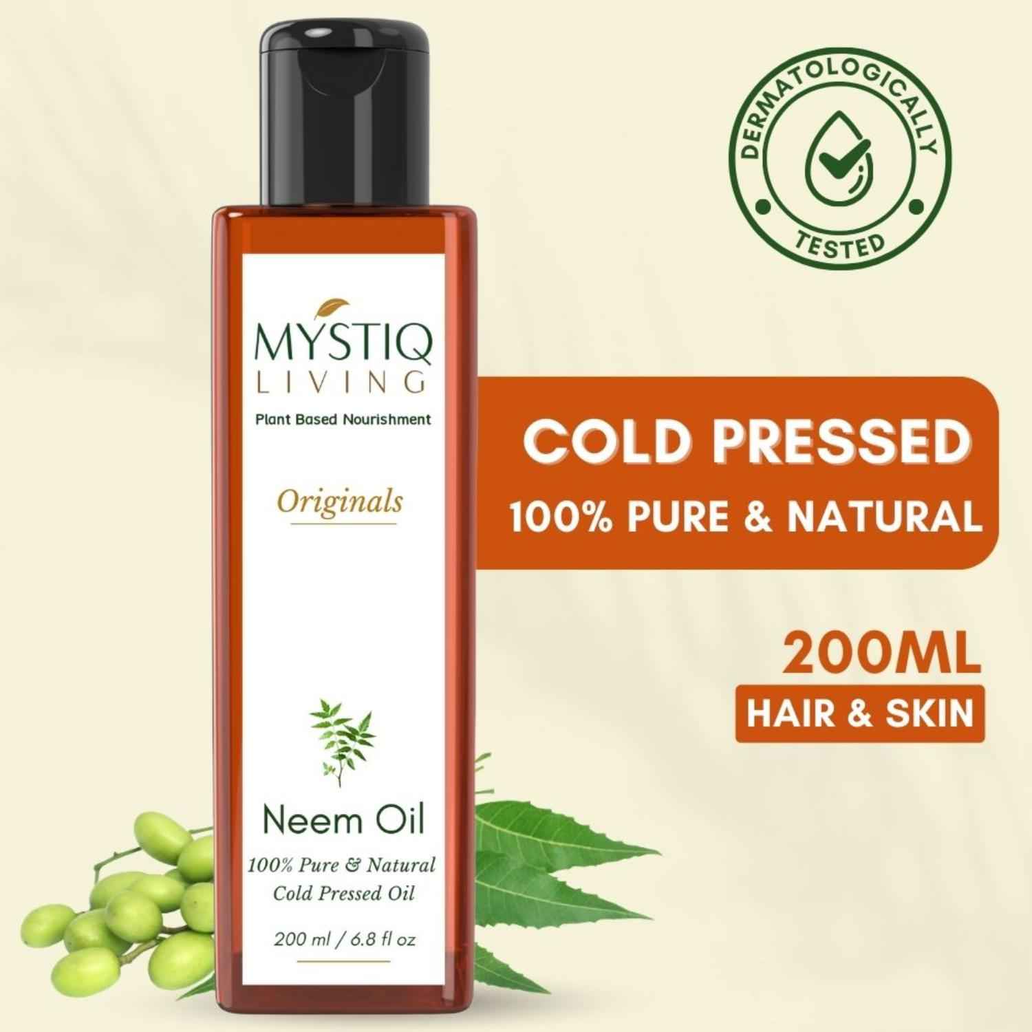 Buy Mystiq Living Neem Oil (200 ml) | Pure Neem Oil | Neem Oil for Hair | Neem Oil For Face | Neem Hair Oil | For Hair And Skin | Cold Pressed, 100% Pure And Natural - Purplle