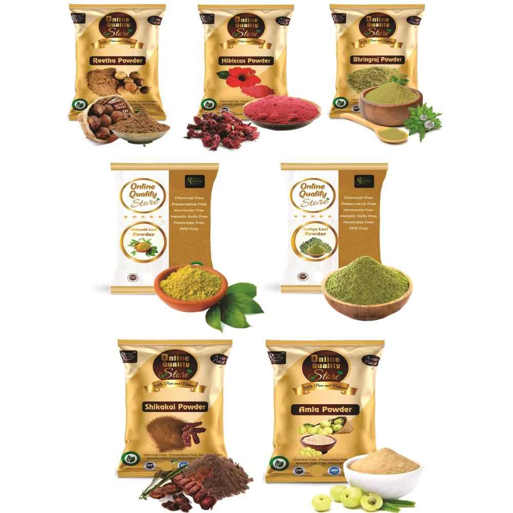 Buy Online Quality Store Reetha (50 gm) + Amla (50 gm) + Shikakai (50 gm) + Bhringraj (50 gm) + Hibiscus (50 gm) + Mehandi (50 gm) + free Indigo (50 gm) Powder For Hairs, 350 gm - Purplle