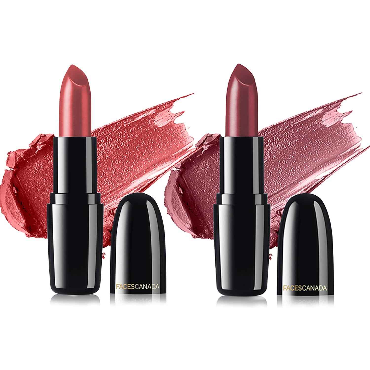 Buy FACES CANADA Festive Pout - Weightless Creme Finish Lipstick Pack of 2 - Amber + Love Nude (4gx2) | Creamy Finish | Silky Smooth Texture | Long Lasting Rich Color | Hydrated Lips | Vitamin E, Jojoba Oil, Shea Butter, Almond Oil - Purplle