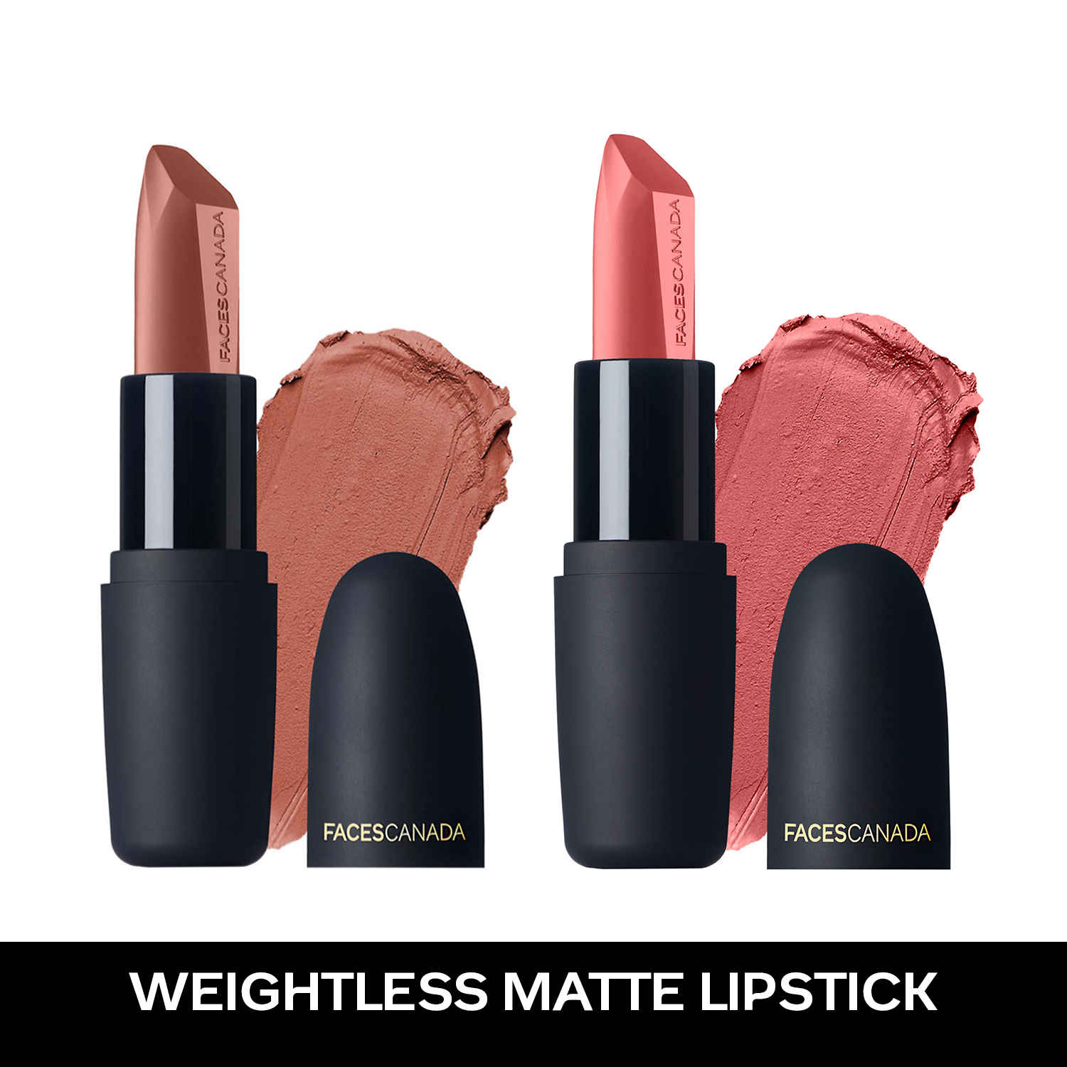 Buy FACES CANADA Festive Glam - Weightless Matte Lipstick Pack of 2 - Buff Nude & Peach Candy (4.5gx2) | Highly Pigmented Lip Color | Smooth One Stroke Glide | Moisturizes & Hydrates Lips | Vitamin E, Jojoba & Almond Oil Enriched - Purplle