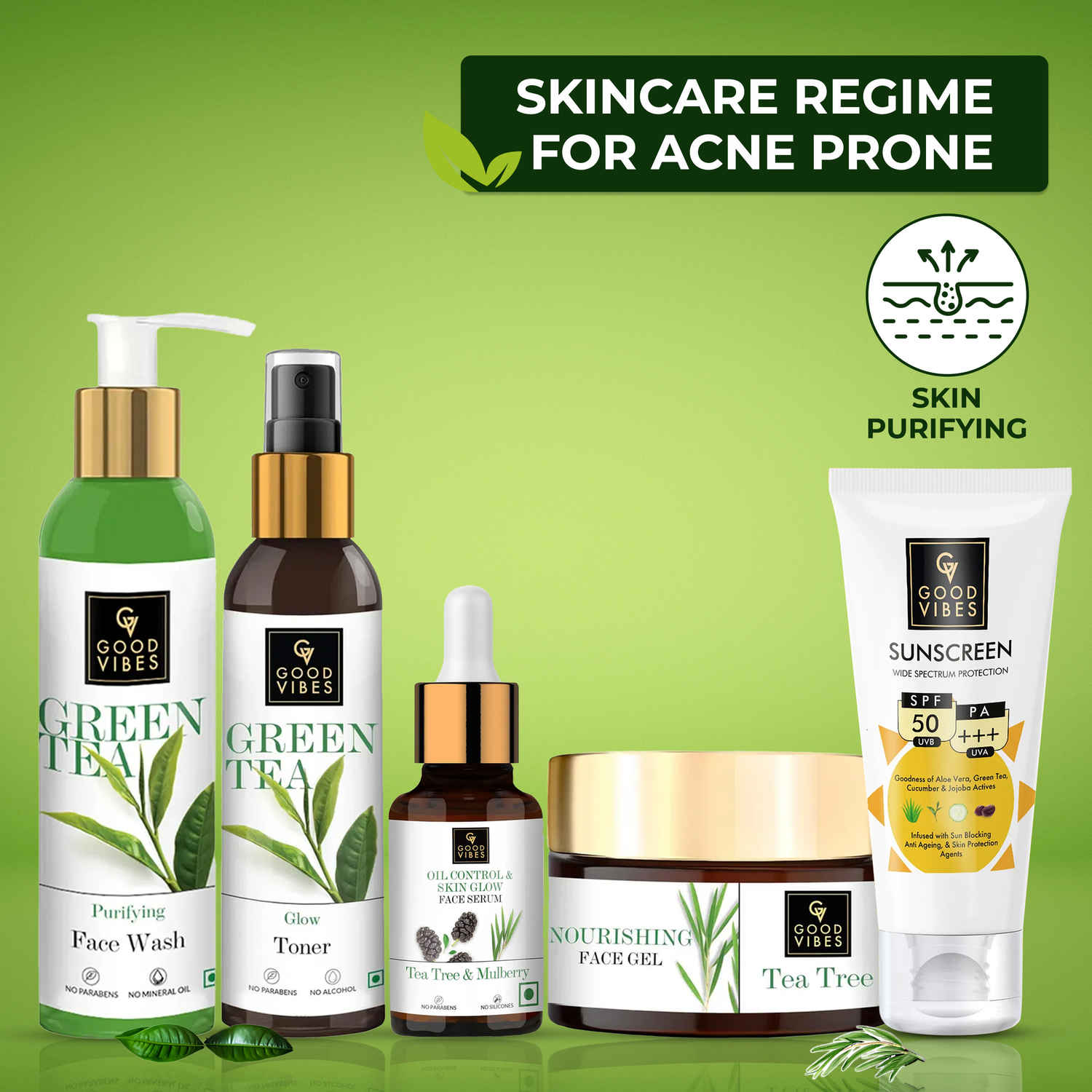 Buy Good Vibes Skincare Regime For Acne Prone (Green Tea Face Wash 120 ml, Green Tea Toner 120 ml, Tea Tree + Mulberry Face Serum 10 ml, Tea Tree Nourishing Gel 50 g, Sunscreen with SPF 30 - 100 gm) - Purplle