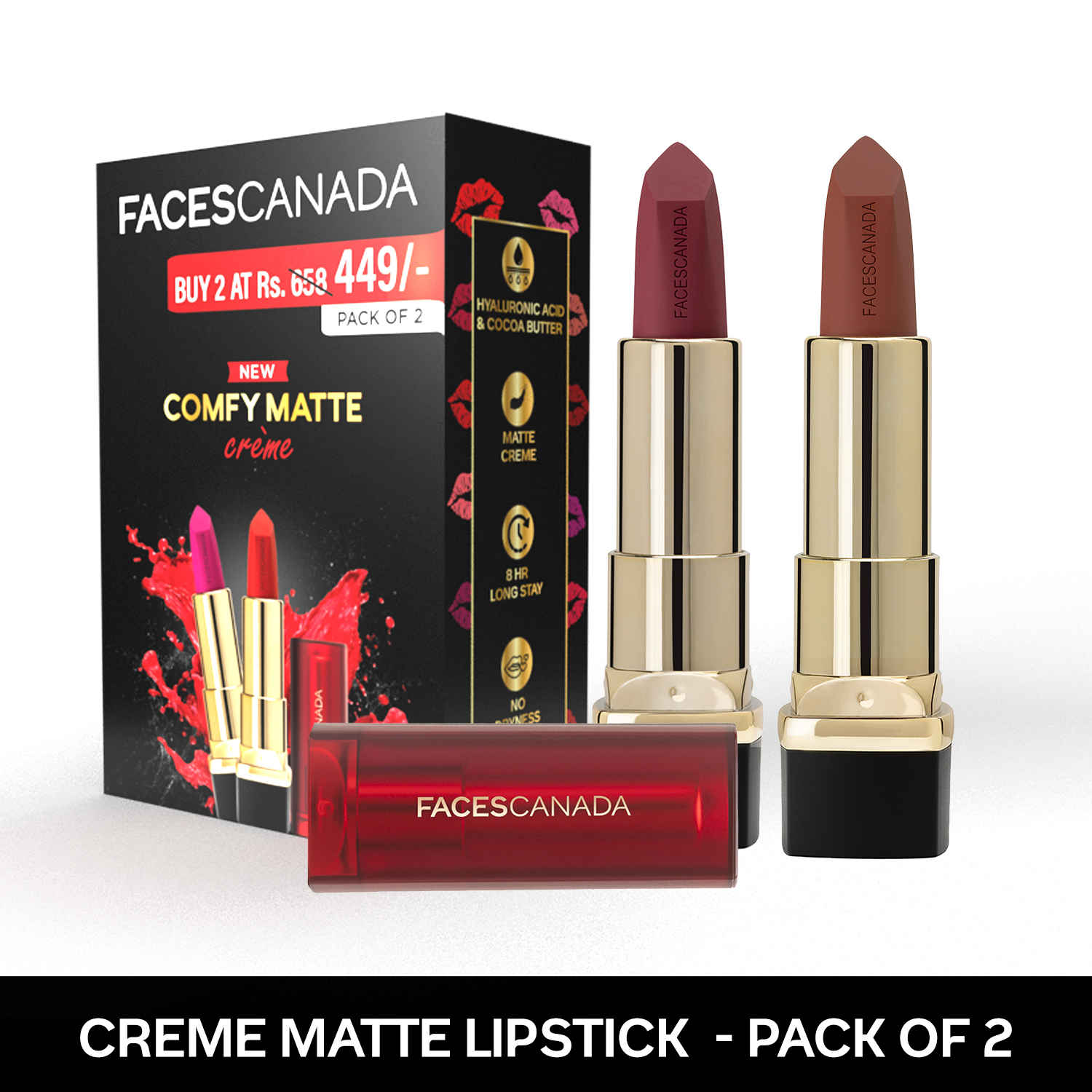 Buy FACES CANADA Festive Hues - Comfy Matte Creme Lipstick Pack of 2 - Sip Of Wine & Back To Basics (4.2gx2) | 8HR Long Stay | Creamy Matte Finish | Intense Color | Single Stroke Smooth Application - Purplle