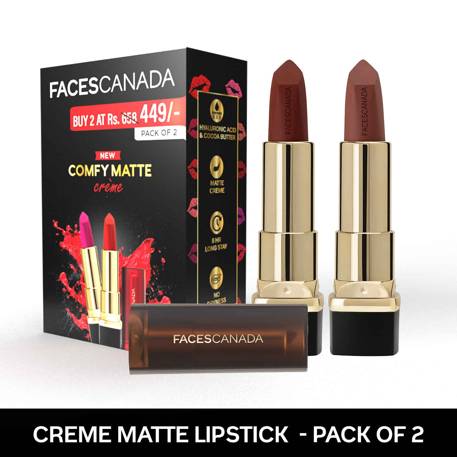 Buy FACES CANADA Festive Hues - Comfy Matte Creme Lipstick Pack of 2 - Don’t You Mind & Nuts About You (4.2gx2) | 8HR Long Stay | Creamy Matte Finish | Intense Color | Single Stroke Smooth Application - Purplle