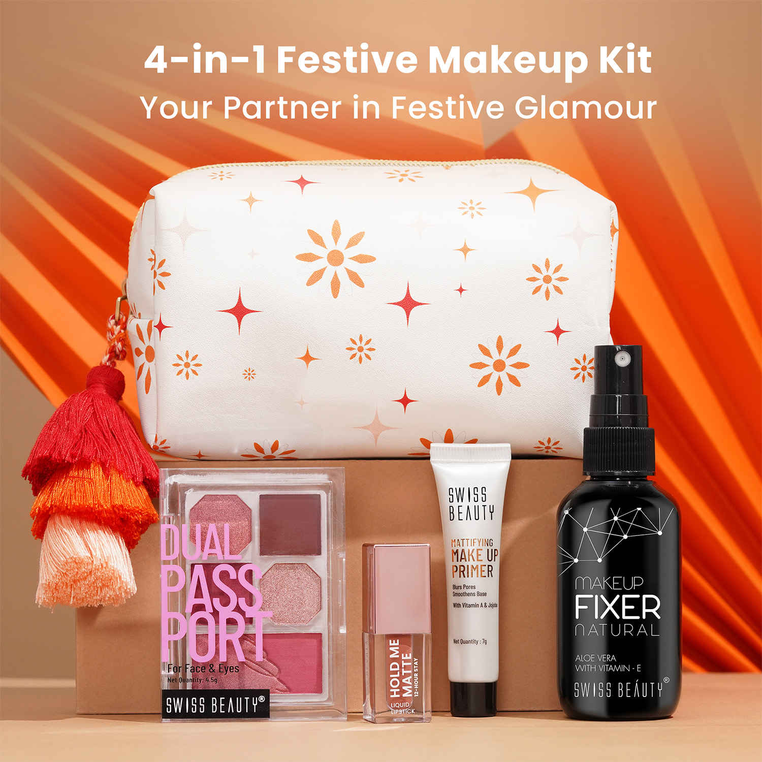 Buy Swiss Beauty 4-in-1 Festive Makeup Kit | Waterproof Lipstick | Paspport Palette for Face & Eyes | Long-Lasting Makeup Fixer | Makeup Primer 83gm - Purplle